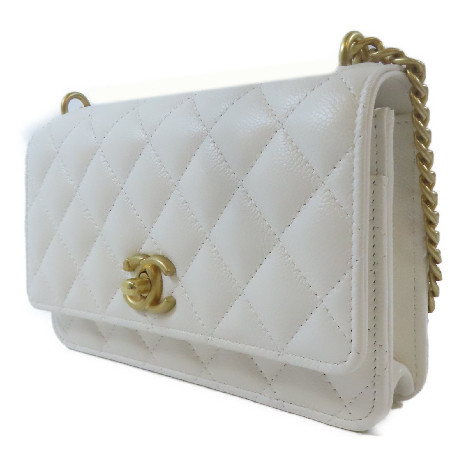 CHANEL 【激減優惠】菱格牛皮皮革WOC Wallet On Chain金扣鏈帶肩背袋白色