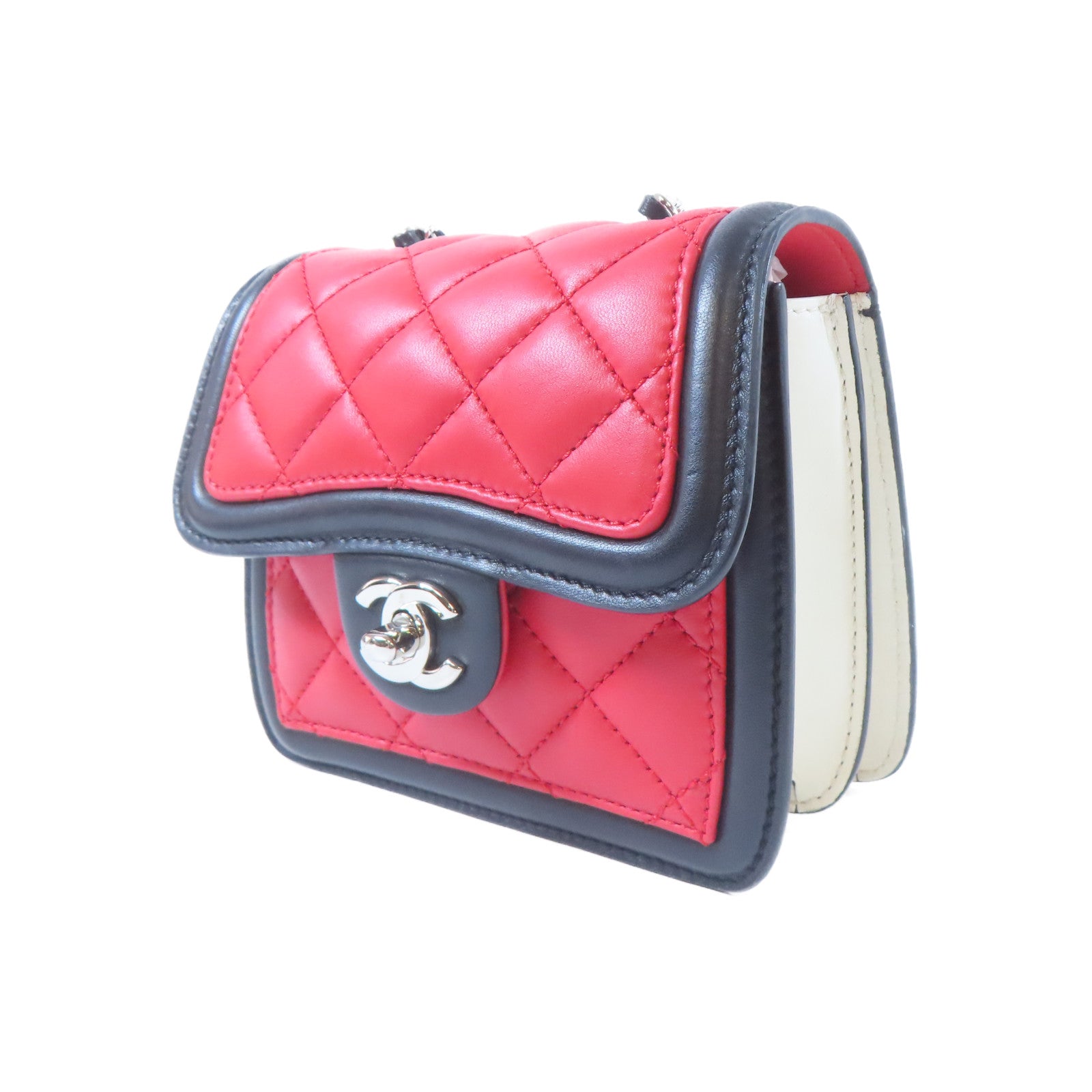 CHANEL 菱格羊皮皮革Mini Graphic Flap銀扣鏈帶肩背袋紅色/黑色