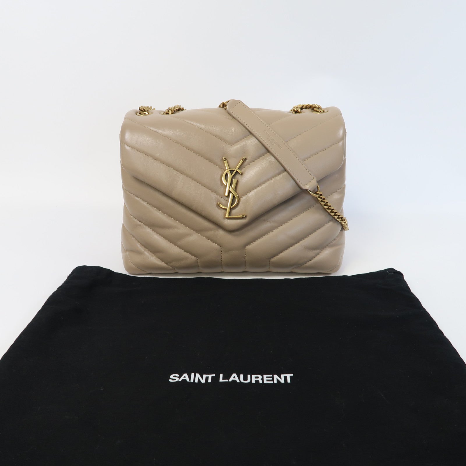 SAINT LAURENT 牛皮皮革Lou Lou金扣鏈帶肩背袋米色