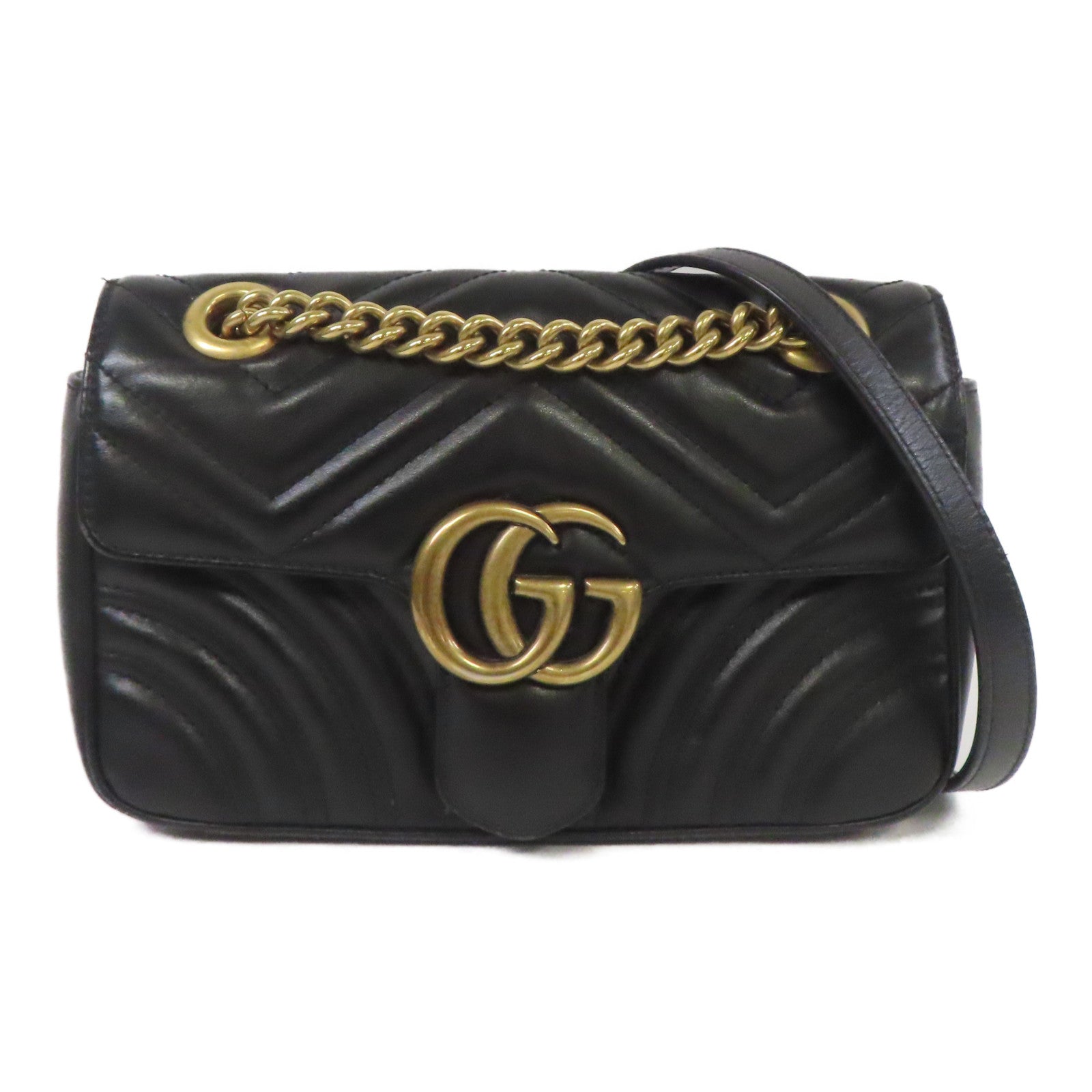 GUCCI 牛皮皮革GG Marmont金扣鏈帶肩背袋黑色