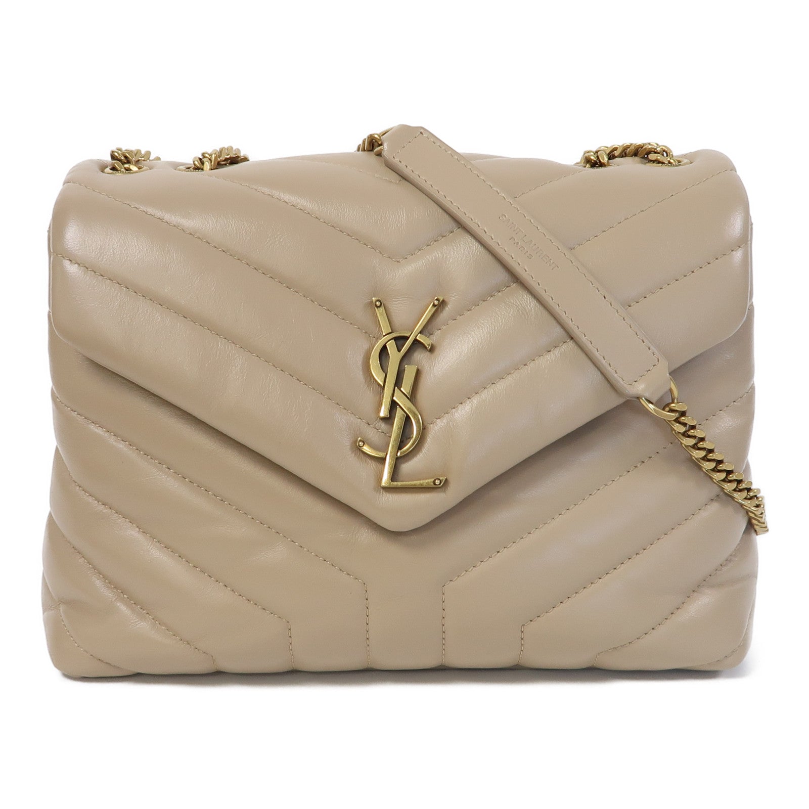SAINT LAURENT 牛皮皮革Lou Lou金扣鏈帶肩背袋米色