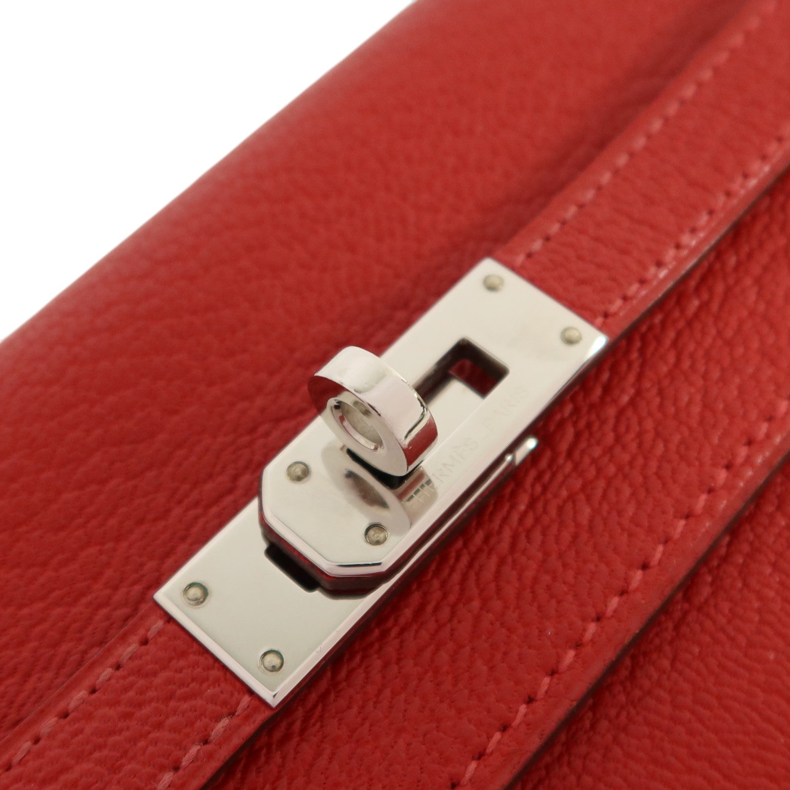 HERMES Chevre皮革Kelly Wallet銀扣長錢包Rouge Vif