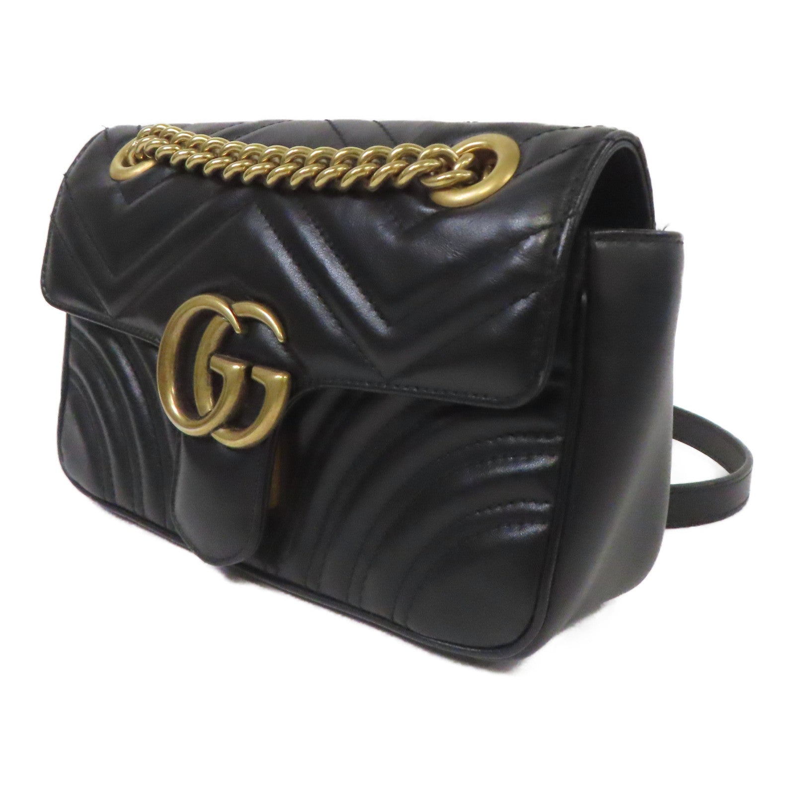 GUCCI 牛皮皮革GG Marmont金扣鏈帶肩背袋黑色