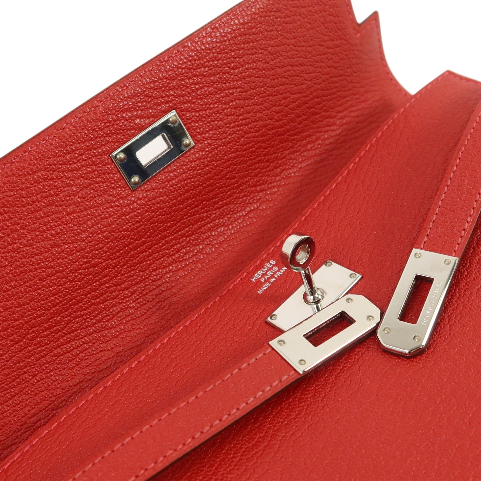 HERMES Chevre皮革Kelly Wallet銀扣長錢包Rouge Vif