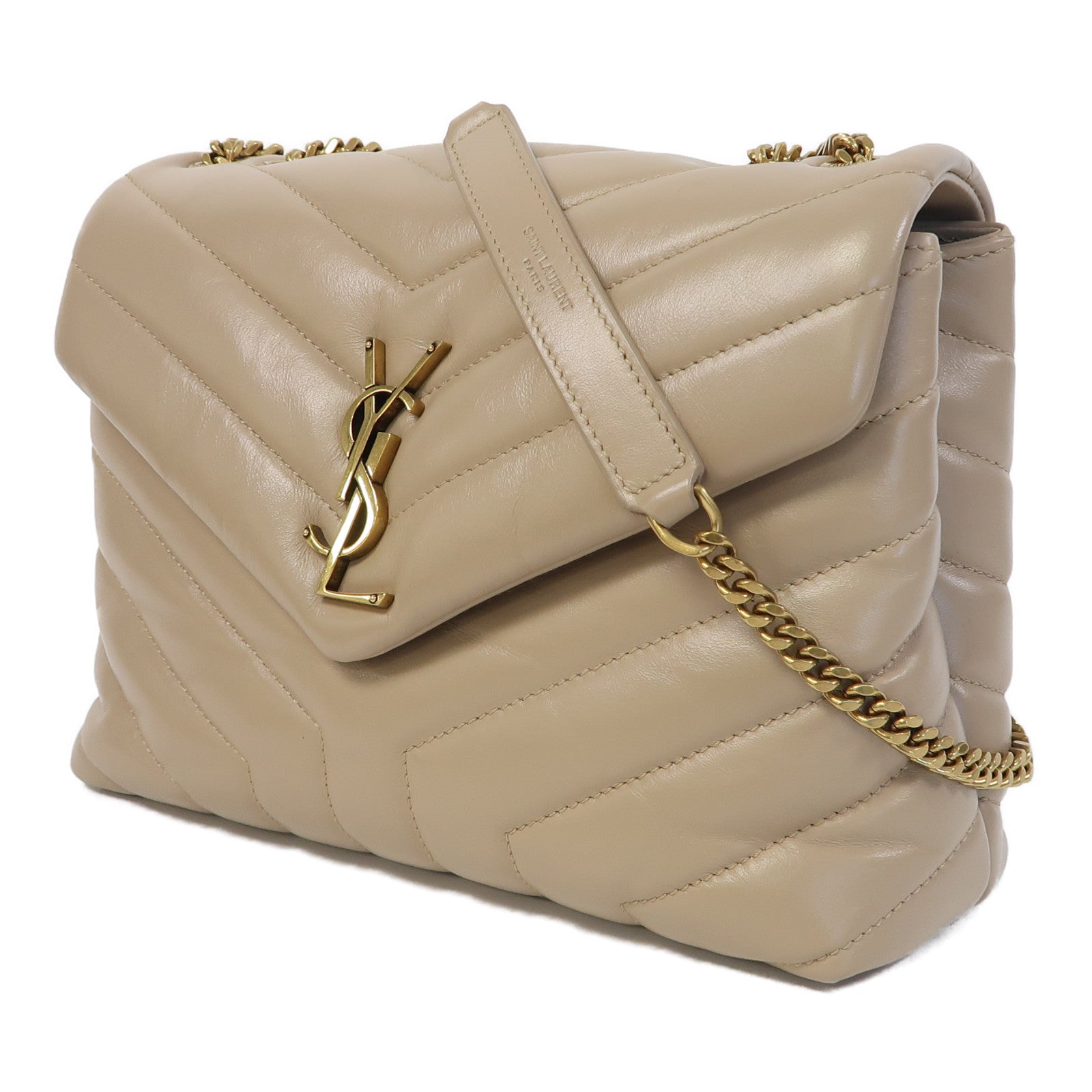 SAINT LAURENT 牛皮皮革Lou Lou金扣鏈帶肩背袋米色