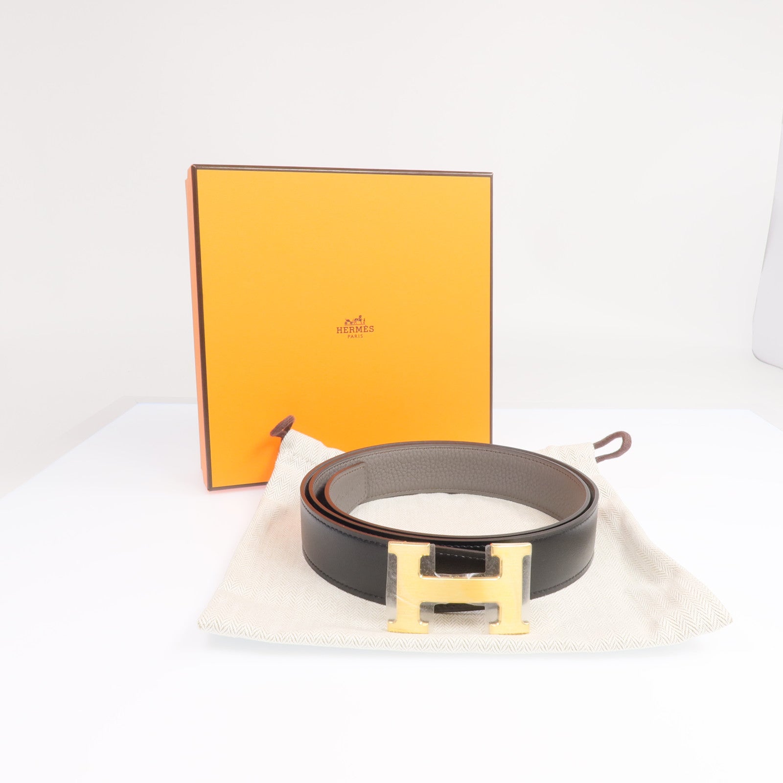 HERMES 【激減優惠】Swift/Epsom皮革H Belt金扣皮帶Etain/Noir