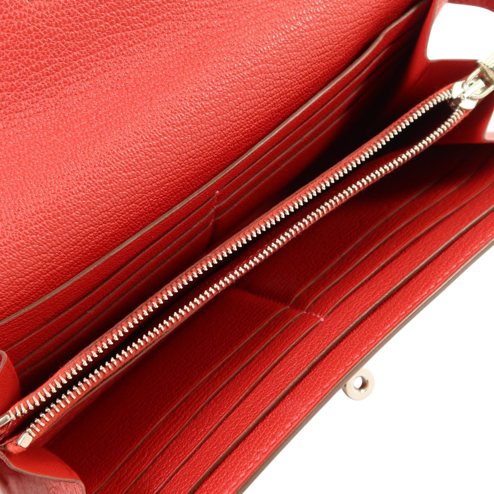 HERMES Chevre皮革Kelly Wallet銀扣長錢包Rouge Vif