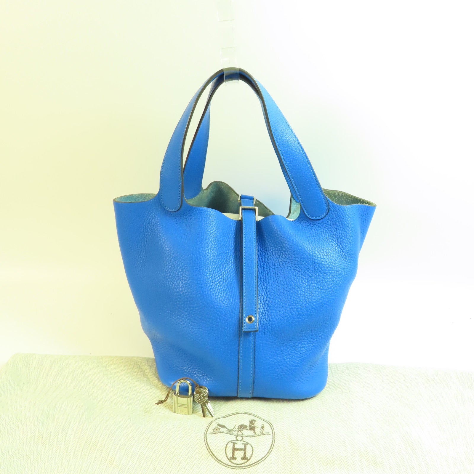 HERMES PHW Picotin MM Handbag Tote Clemence Leather Bleu Hydra