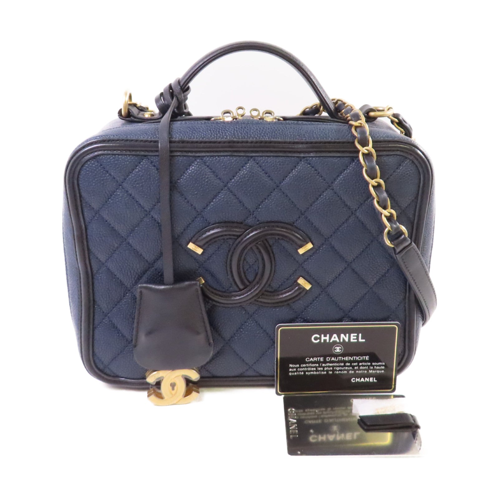 CHANEL 【激減優惠】菱格Caviar皮革Filigree Vanity Case 2Way Shoulder Bag金扣鏈帶手挽肩背兩用袋寶藍色/黑色