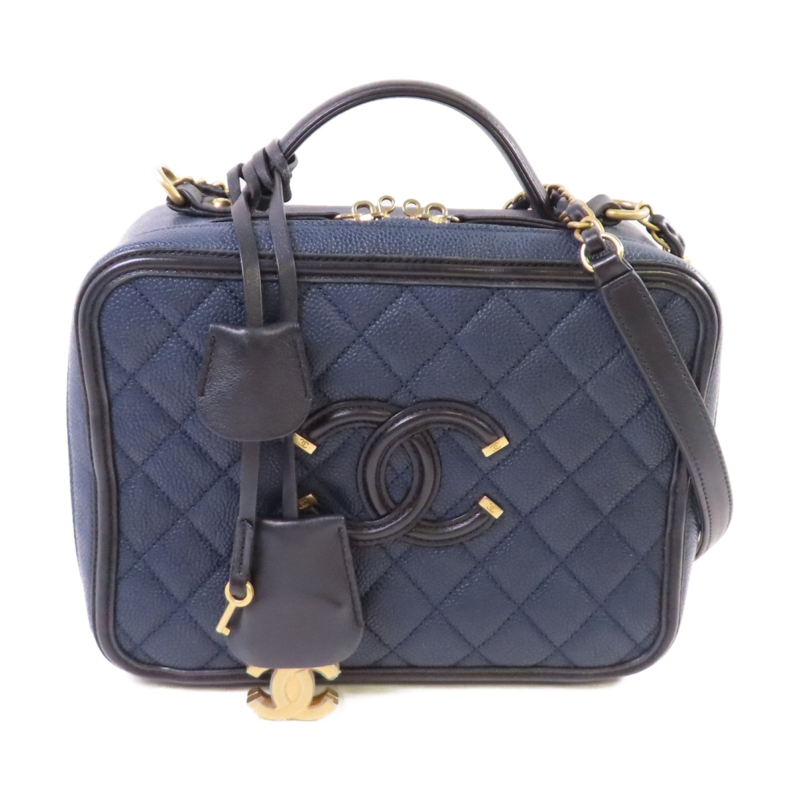 CHANEL 【激減優惠】菱格Caviar皮革Filigree Vanity Case 2Way Shoulder Bag金扣鏈帶手挽肩背兩用袋寶藍色/黑色