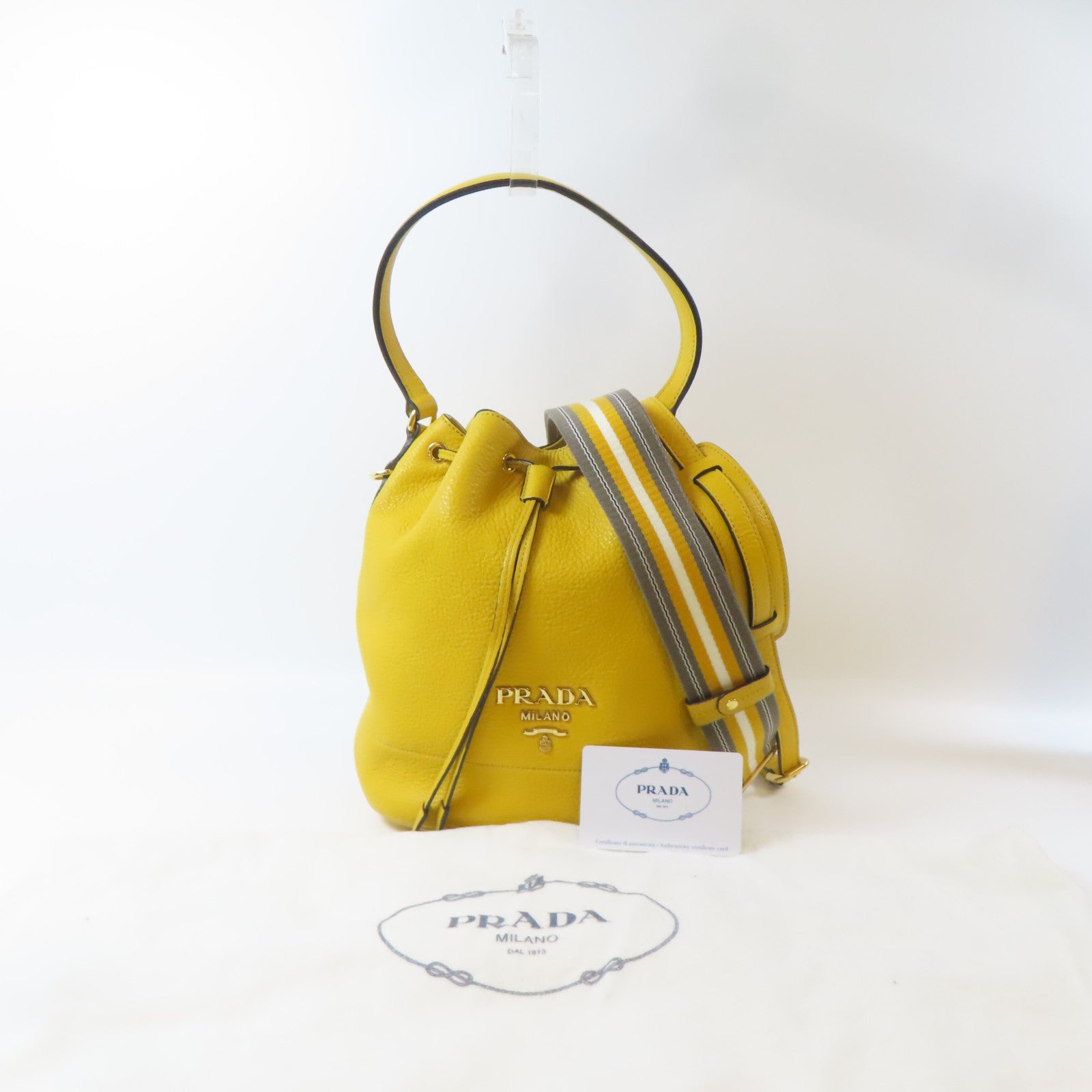 PRADA 牛皮皮革Drawstring Shoulder Bag金扣手挽肩背兩用袋黃色