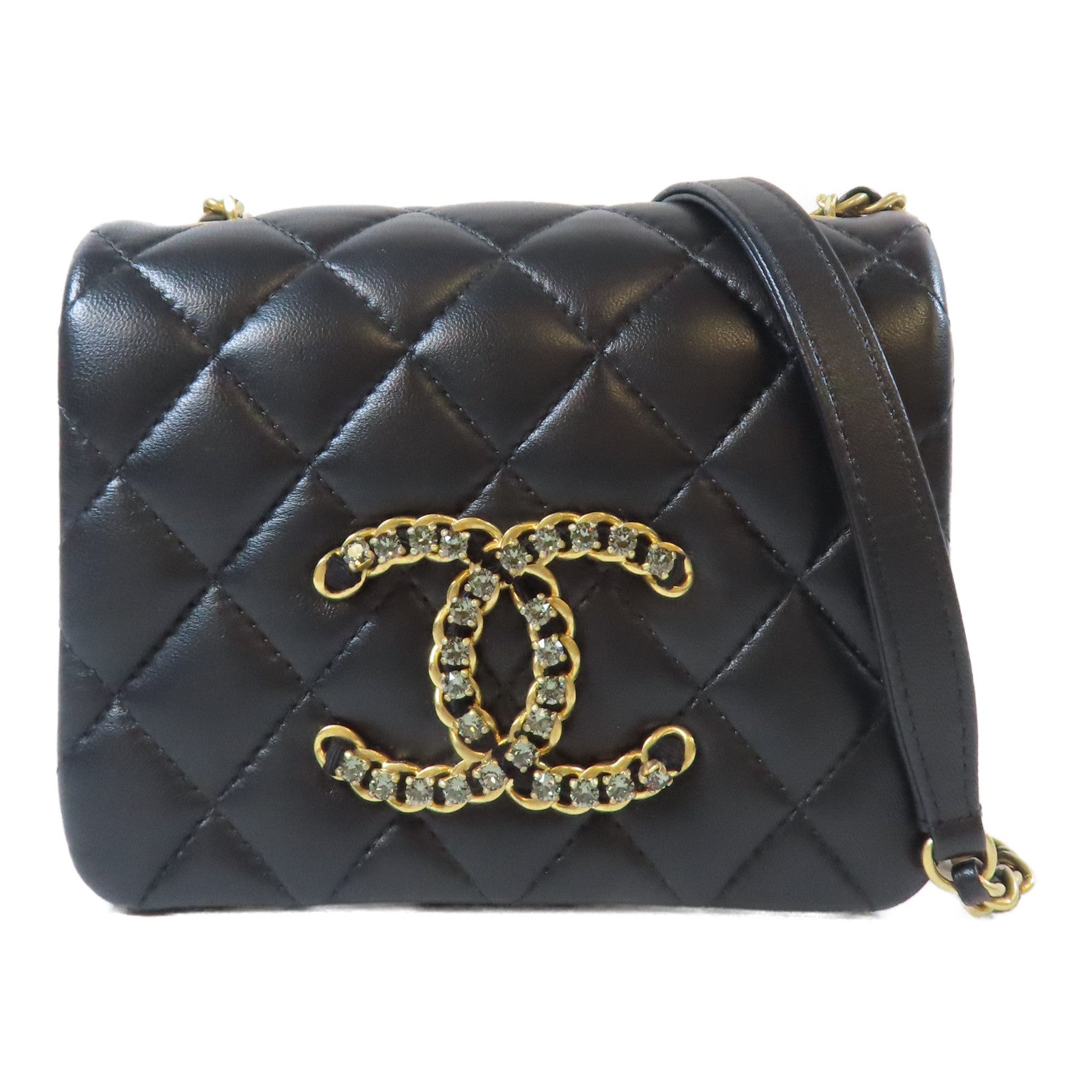 CHANEL 菱格羊皮皮革Mini Flap Bag金扣鏈帶肩背袋黑色