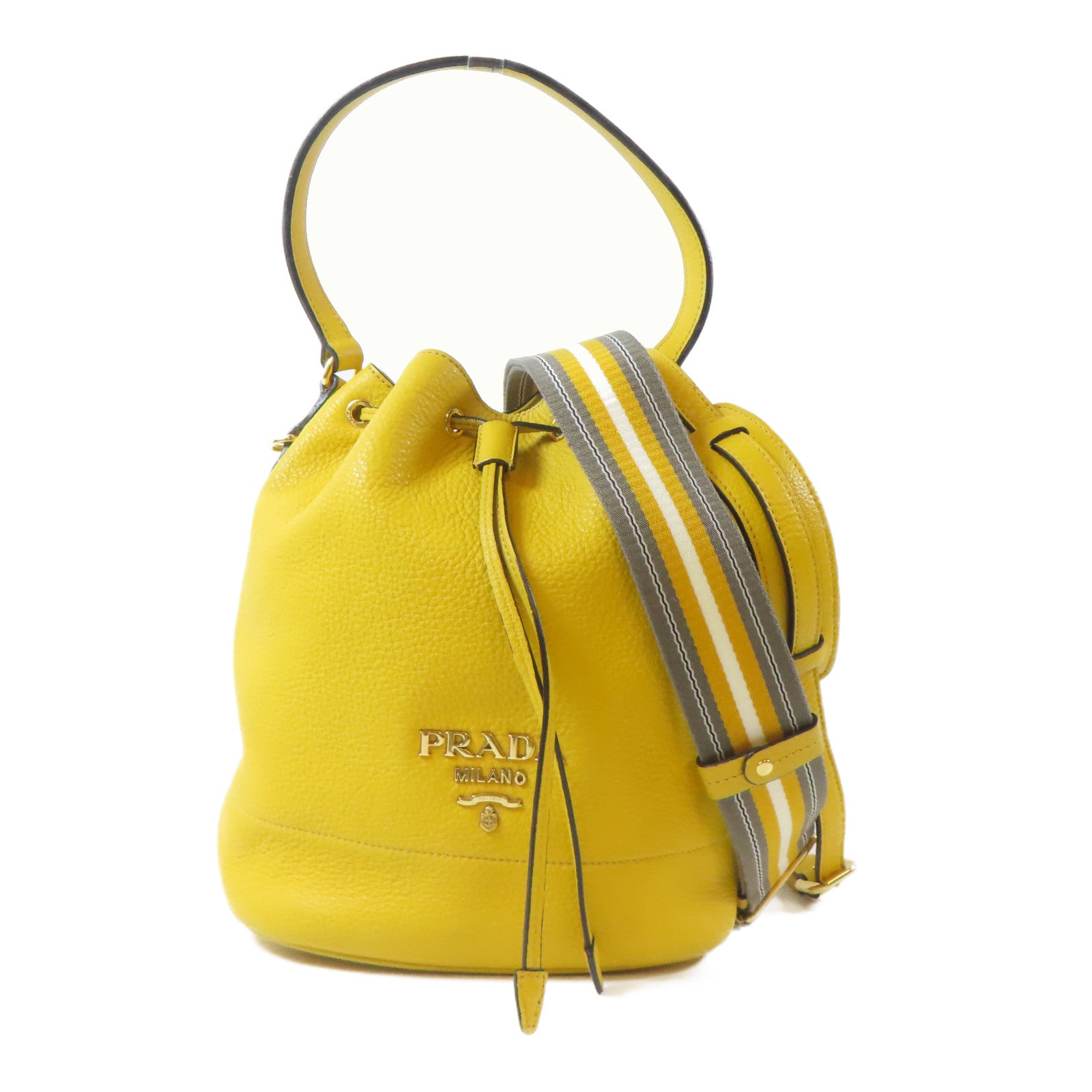 PRADA 牛皮皮革Drawstring Shoulder Bag金扣手挽肩背兩用袋黃色