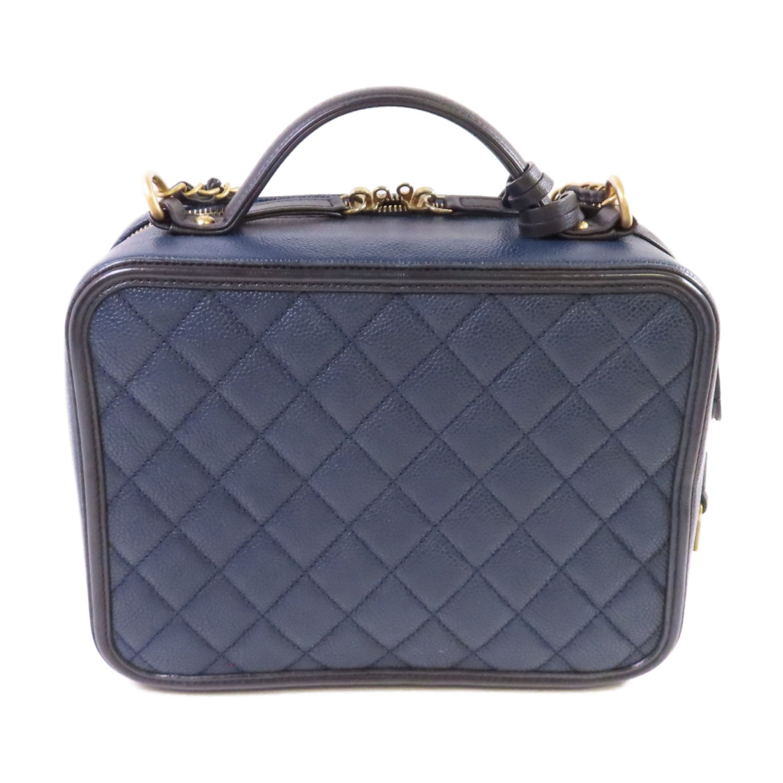 CHANEL 【激減優惠】菱格Caviar皮革Filigree Vanity Case 2Way Shoulder Bag金扣鏈帶手挽肩背兩用袋寶藍色/黑色