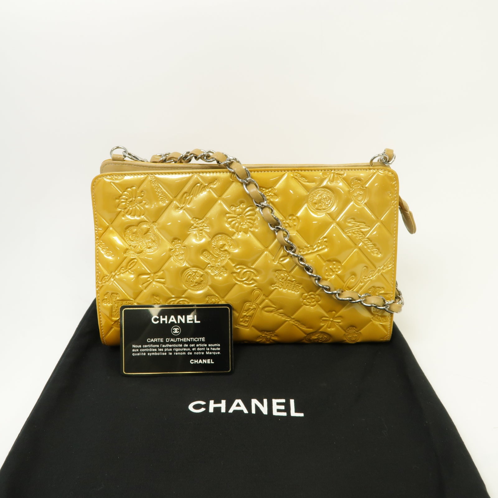 CHANEL 漆皮皮革Chain Shoulder Bag銀扣鏈帶肩背袋金色/米色