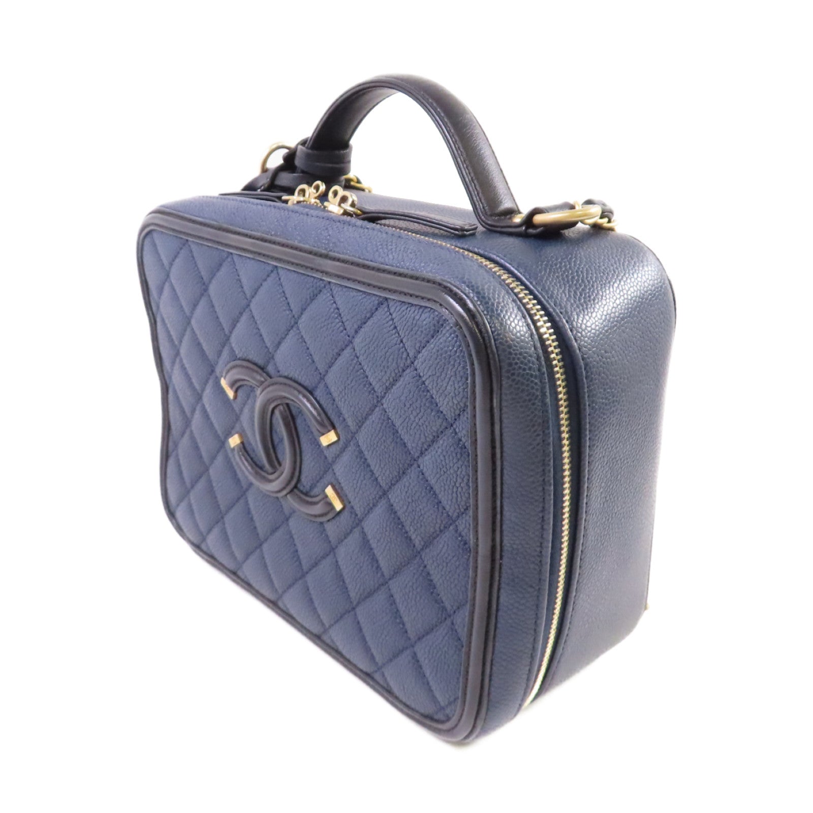 CHANEL 【激減優惠】菱格Caviar皮革Filigree Vanity Case 2Way Shoulder Bag金扣鏈帶手挽肩背兩用袋寶藍色/黑色