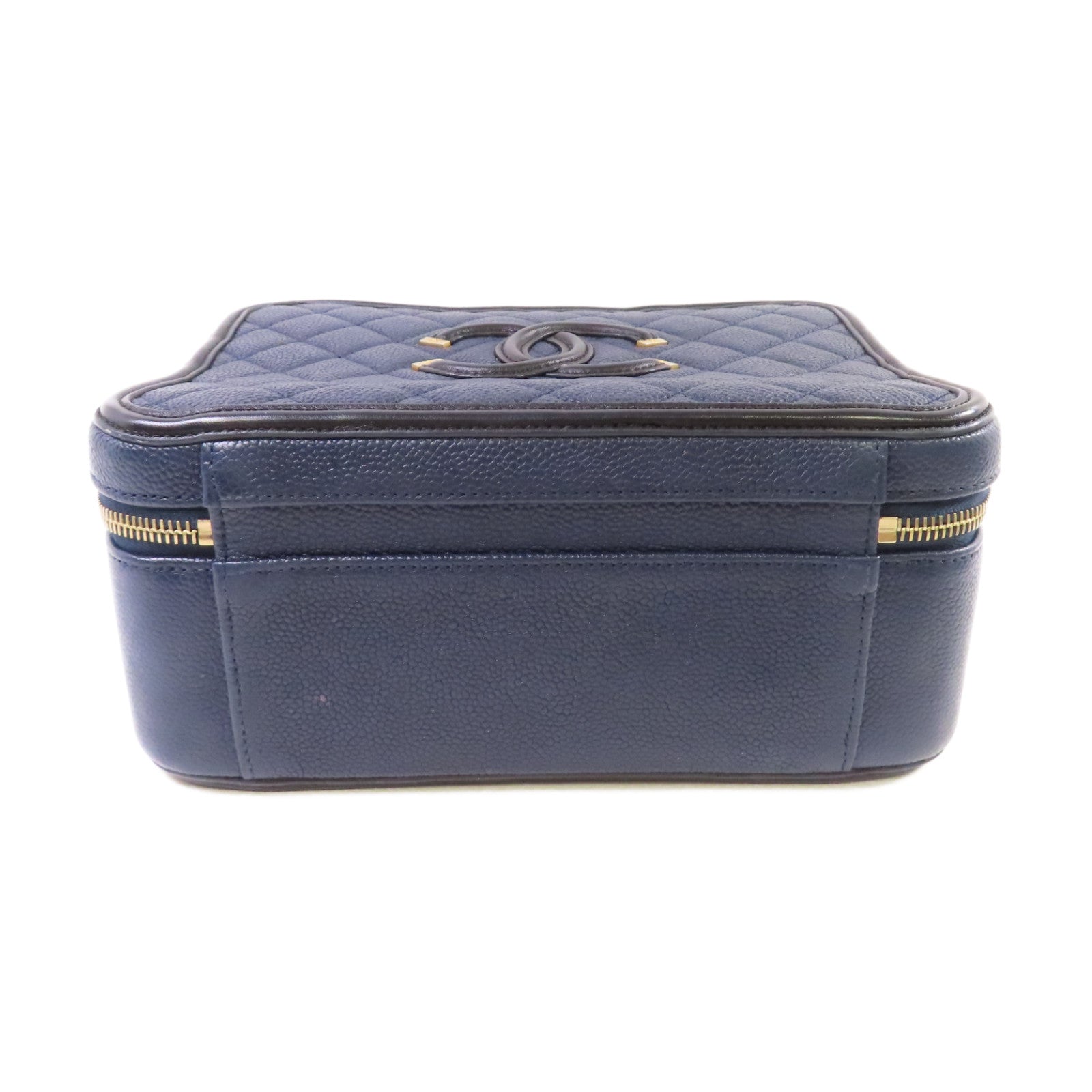 CHANEL 【激減優惠】菱格Caviar皮革Filigree Vanity Case 2Way Shoulder Bag金扣鏈帶手挽肩背兩用袋寶藍色/黑色