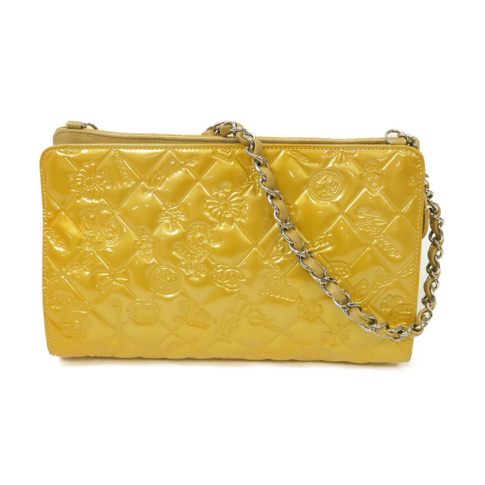 CHANEL 漆皮皮革Chain Shoulder Bag銀扣鏈帶肩背袋金色/米色