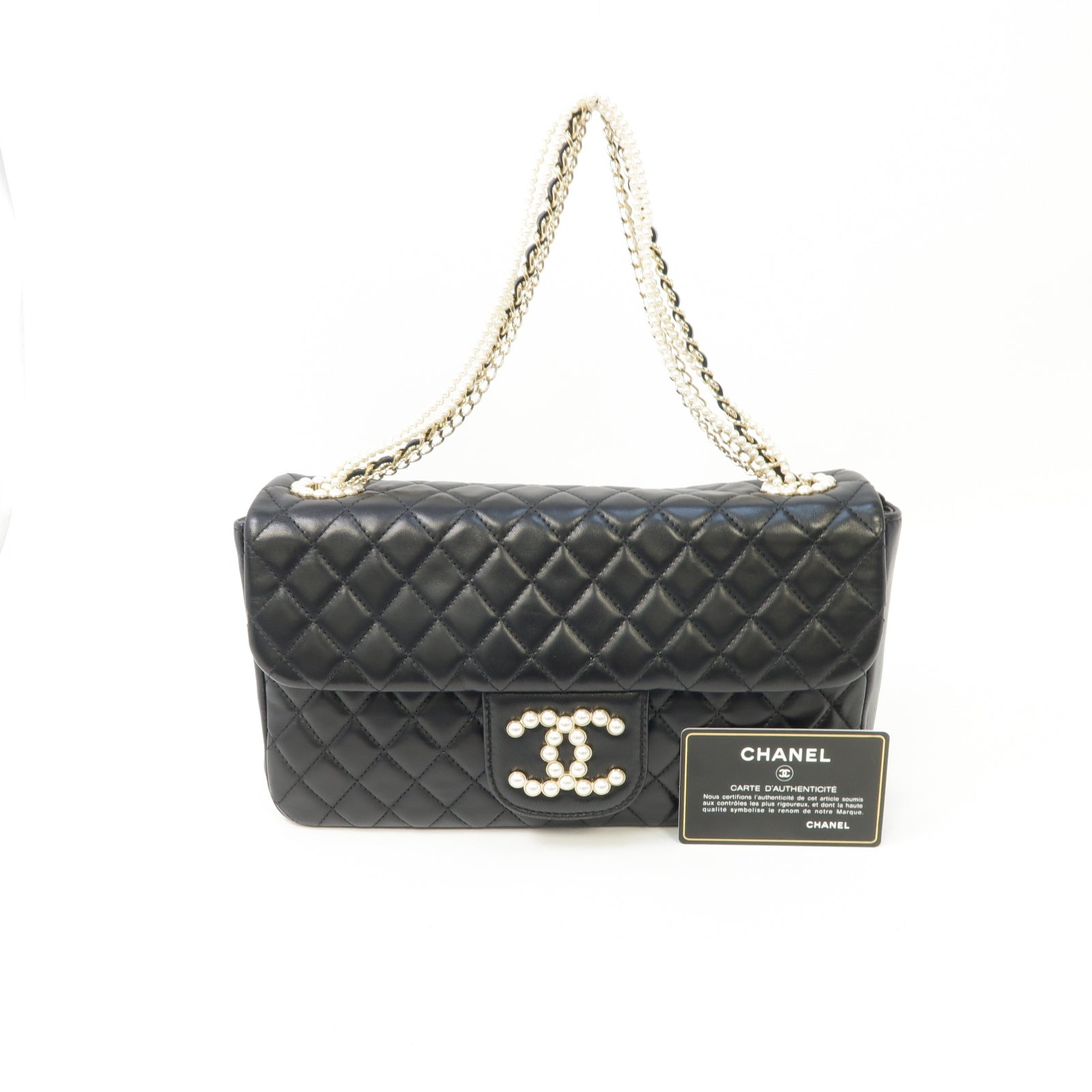 CHANEL 菱格羊皮皮革Westminster Pearl銀扣鏈帶肩背袋黑色