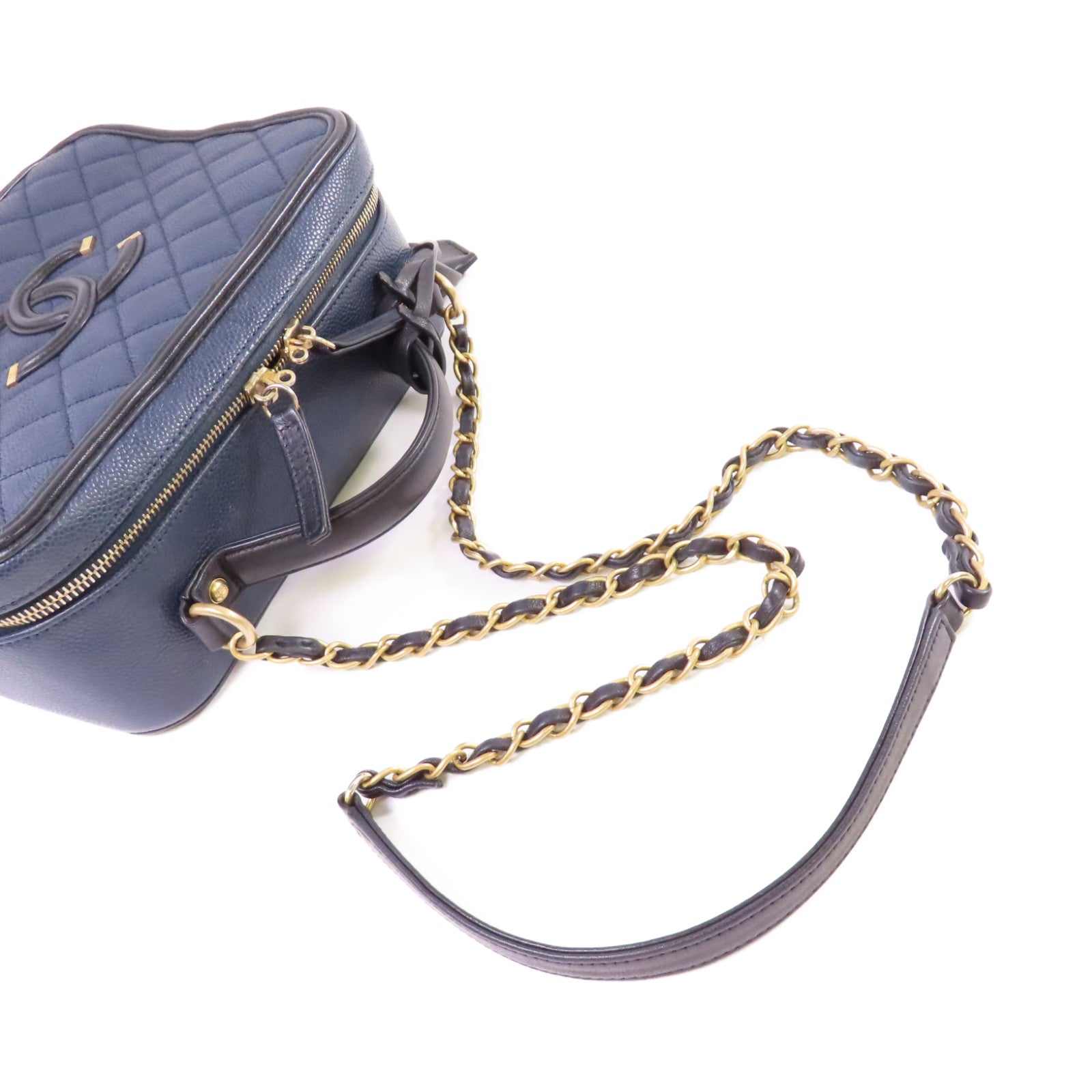 CHANEL 【激減優惠】菱格Caviar皮革Filigree Vanity Case 2Way Shoulder Bag金扣鏈帶手挽肩背兩用袋寶藍色/黑色