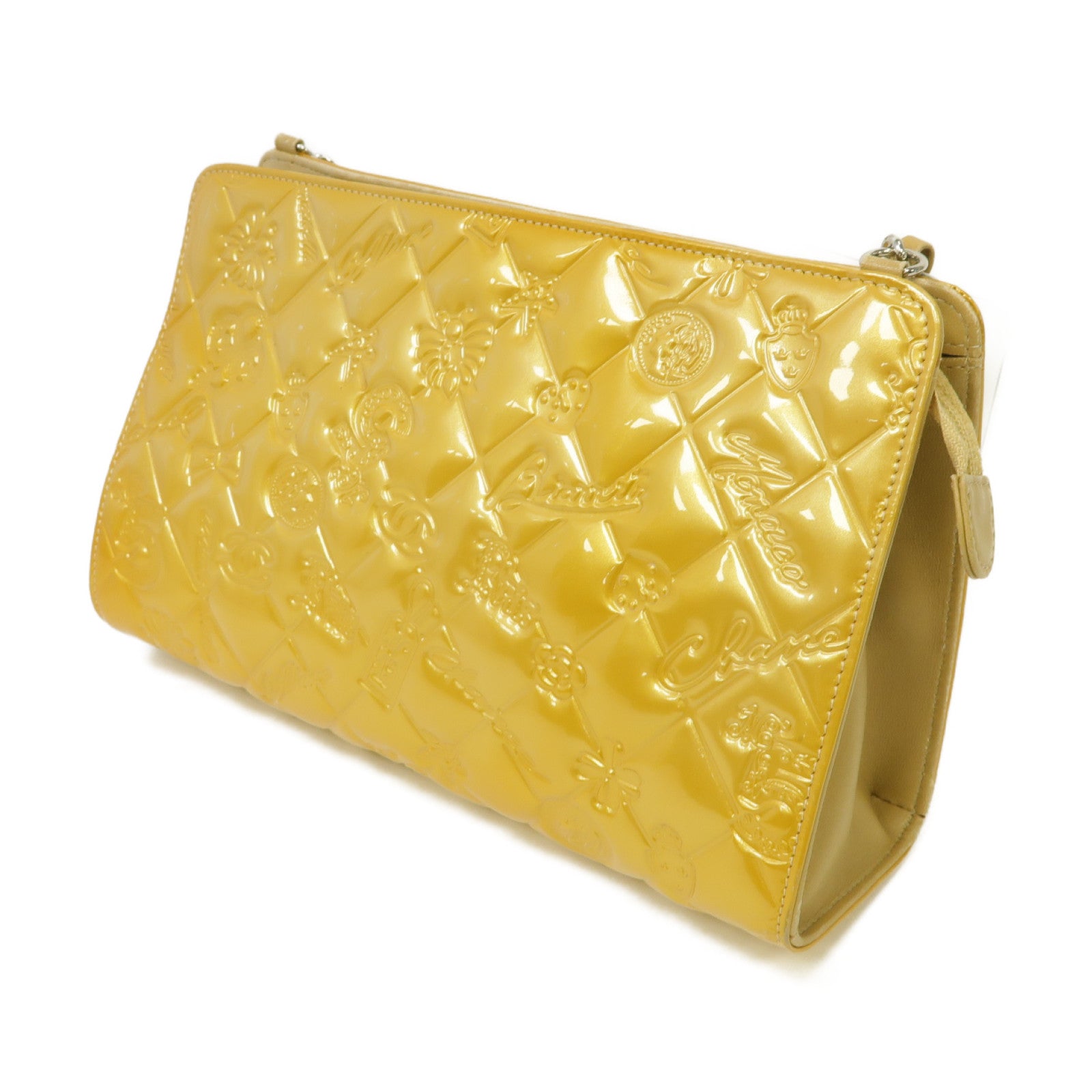 CHANEL 漆皮皮革Chain Shoulder Bag銀扣鏈帶肩背袋金色/米色