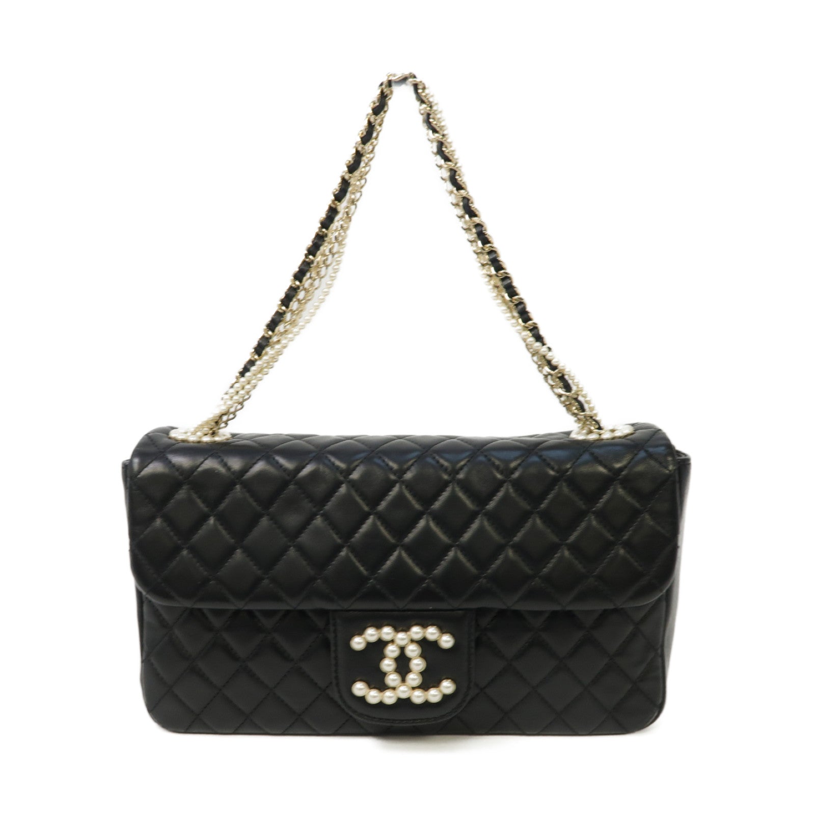 CHANEL 菱格羊皮皮革Westminster Pearl銀扣鏈帶肩背袋黑色