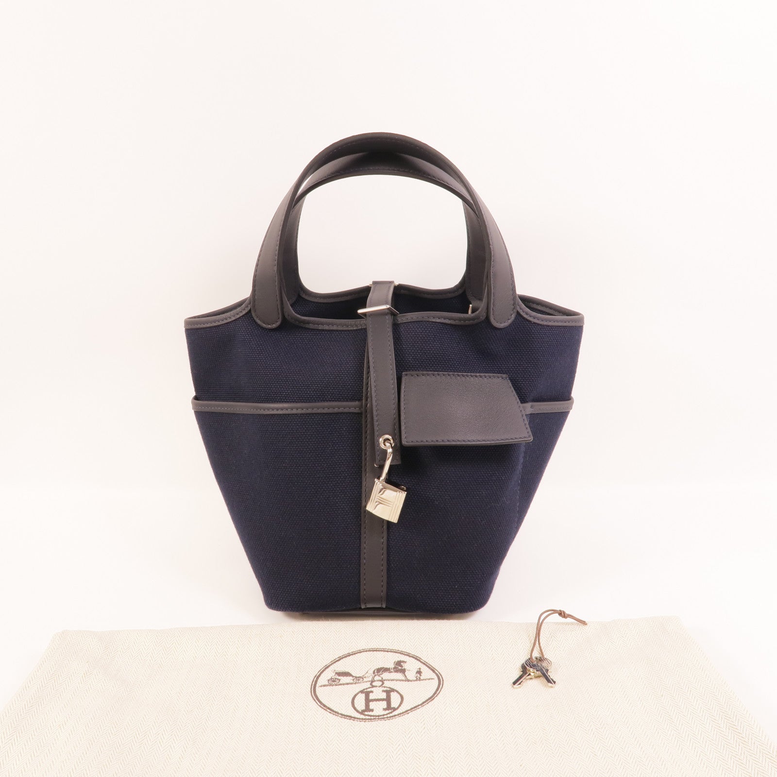 HERMES 帆布/皮革Picotin Cargo PM手挽袋Bleu Marine