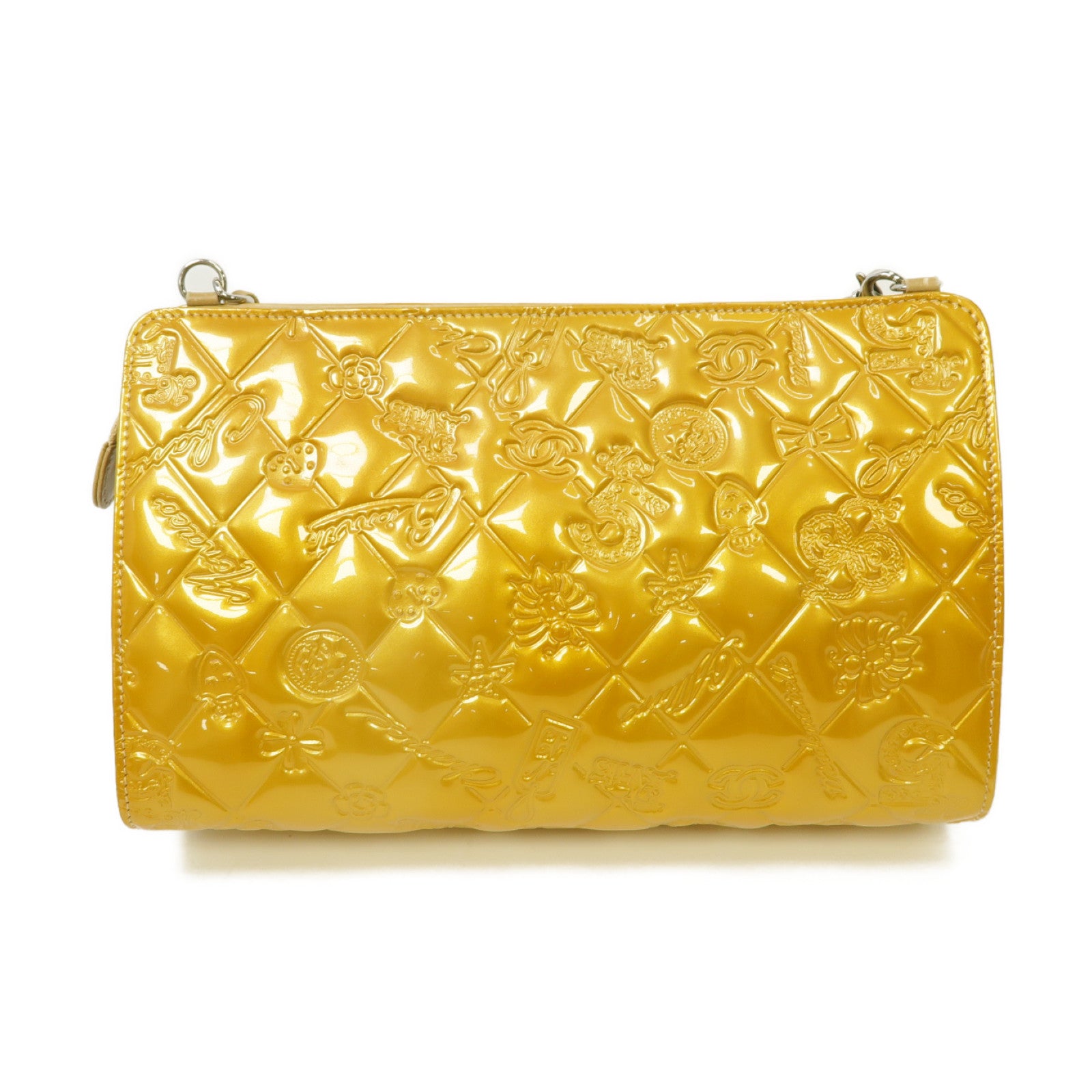 CHANEL 漆皮皮革Chain Shoulder Bag銀扣鏈帶肩背袋金色/米色