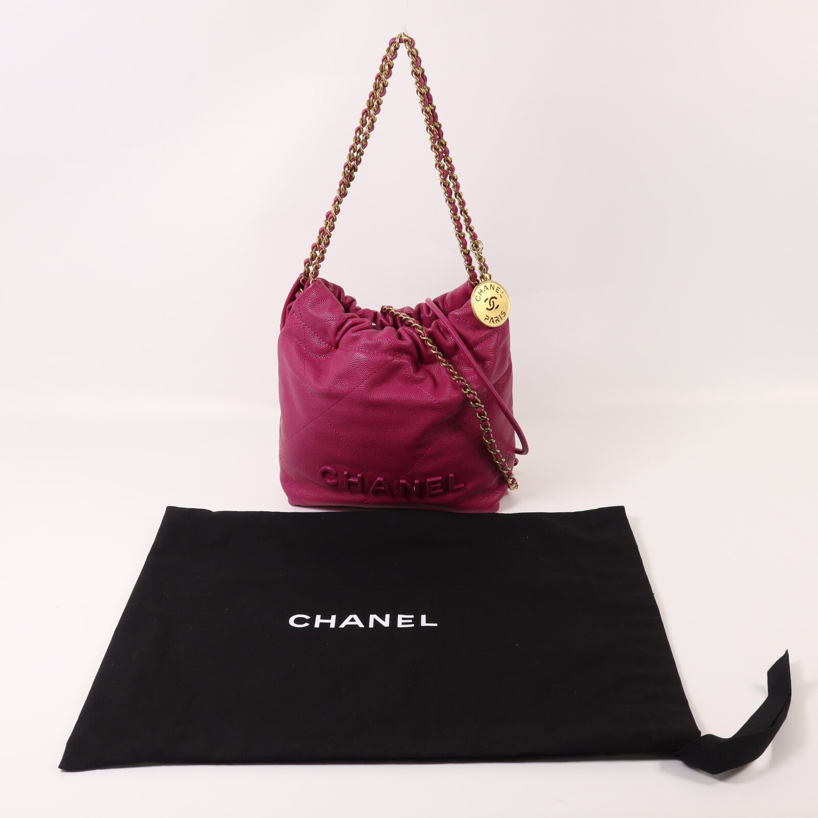CHANEL 牛皮皮革Mini 22金扣鏈帶手挽肩背兩用袋