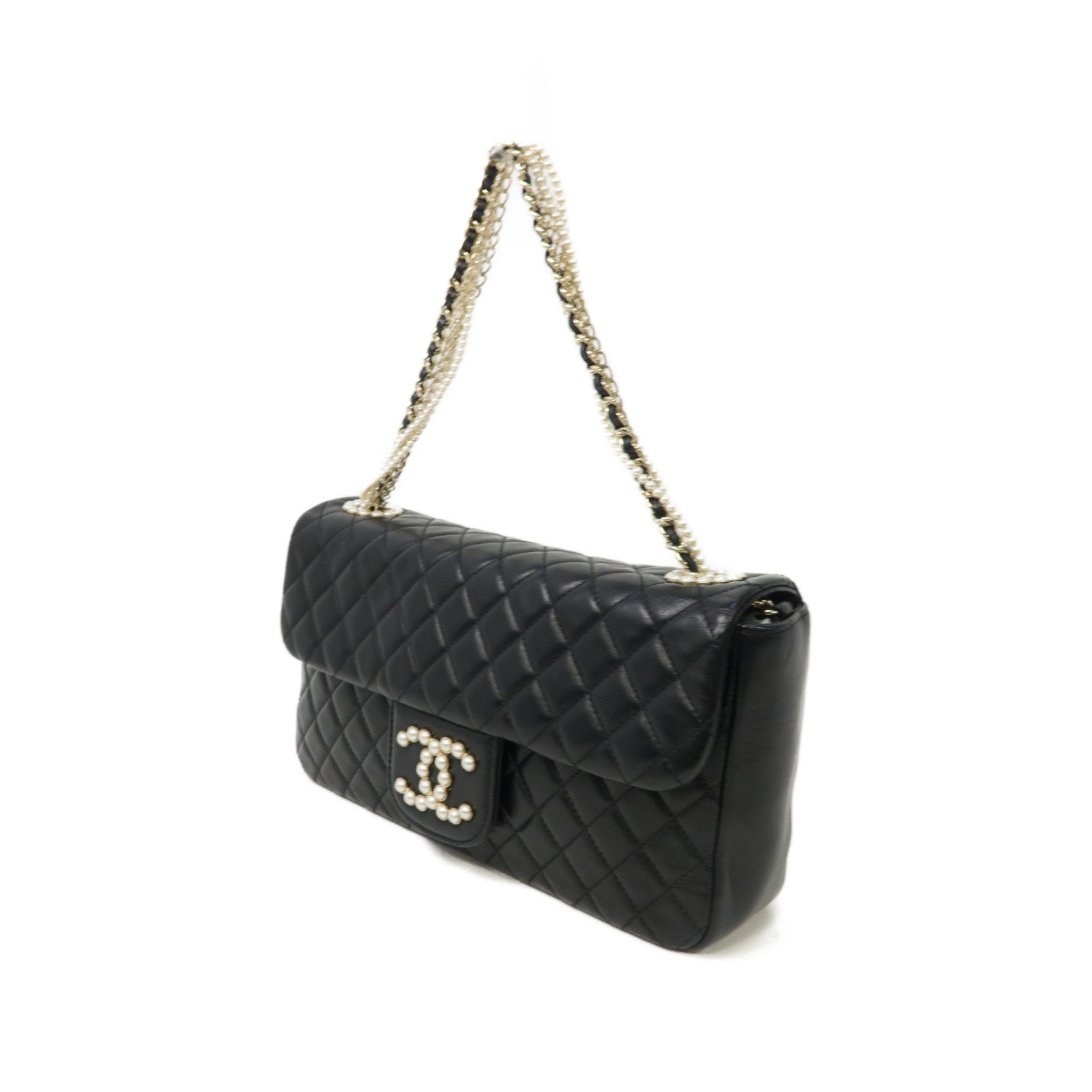CHANEL 菱格羊皮皮革Westminster Pearl銀扣鏈帶肩背袋黑色