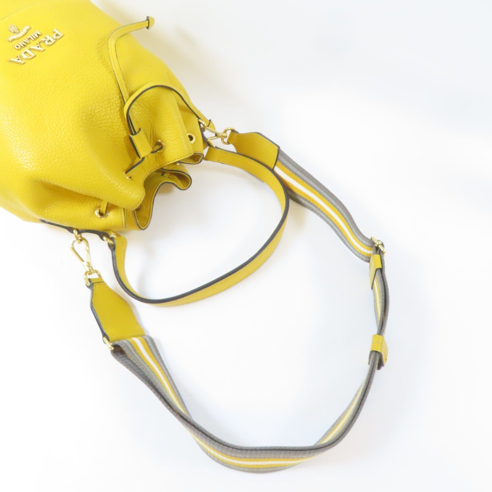 PRADA 牛皮皮革Drawstring Shoulder Bag金扣手挽肩背兩用袋黃色