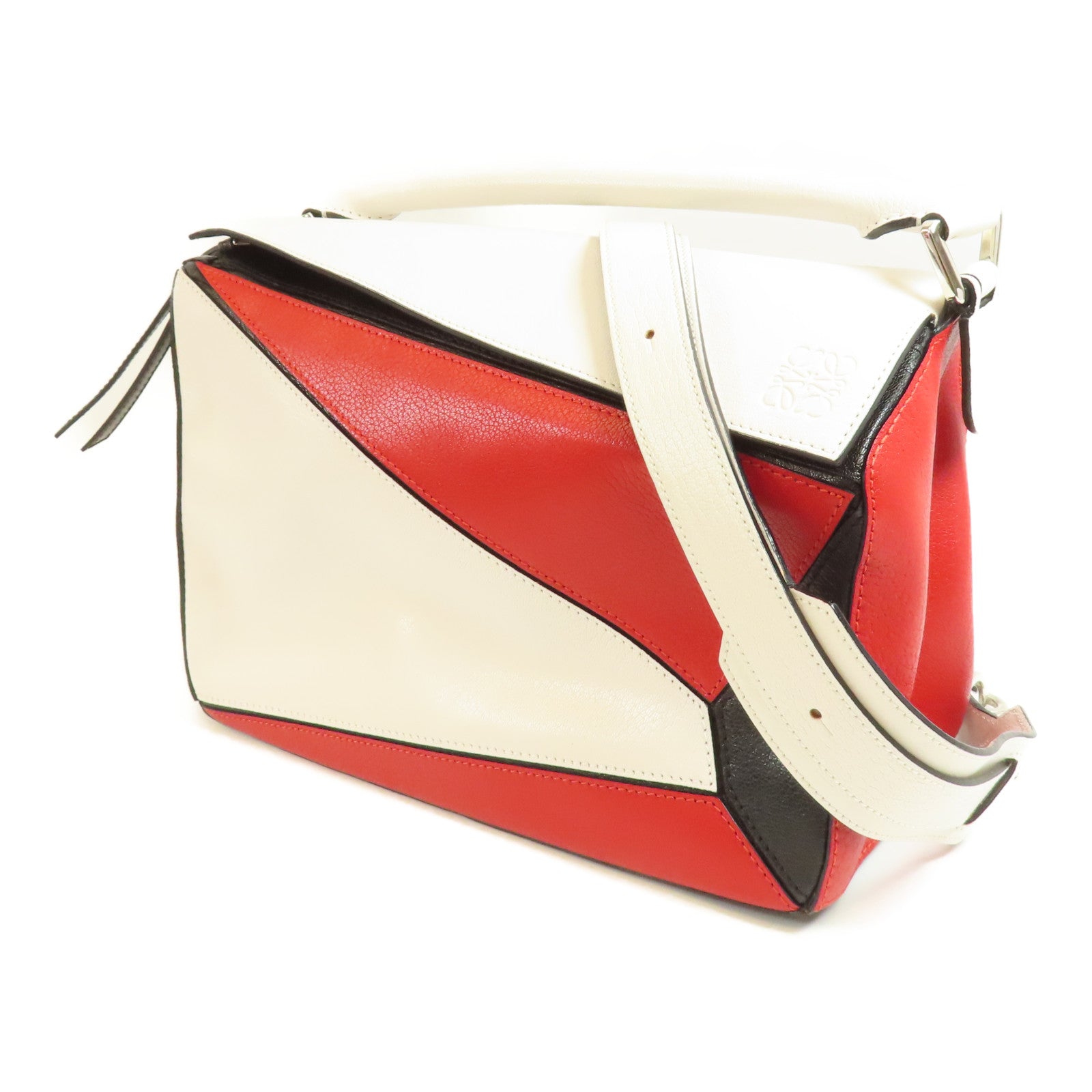 LOEWE SHW Puzzle Medium 2 Way Shoulder Hand Bag Calfskin Leather White Red