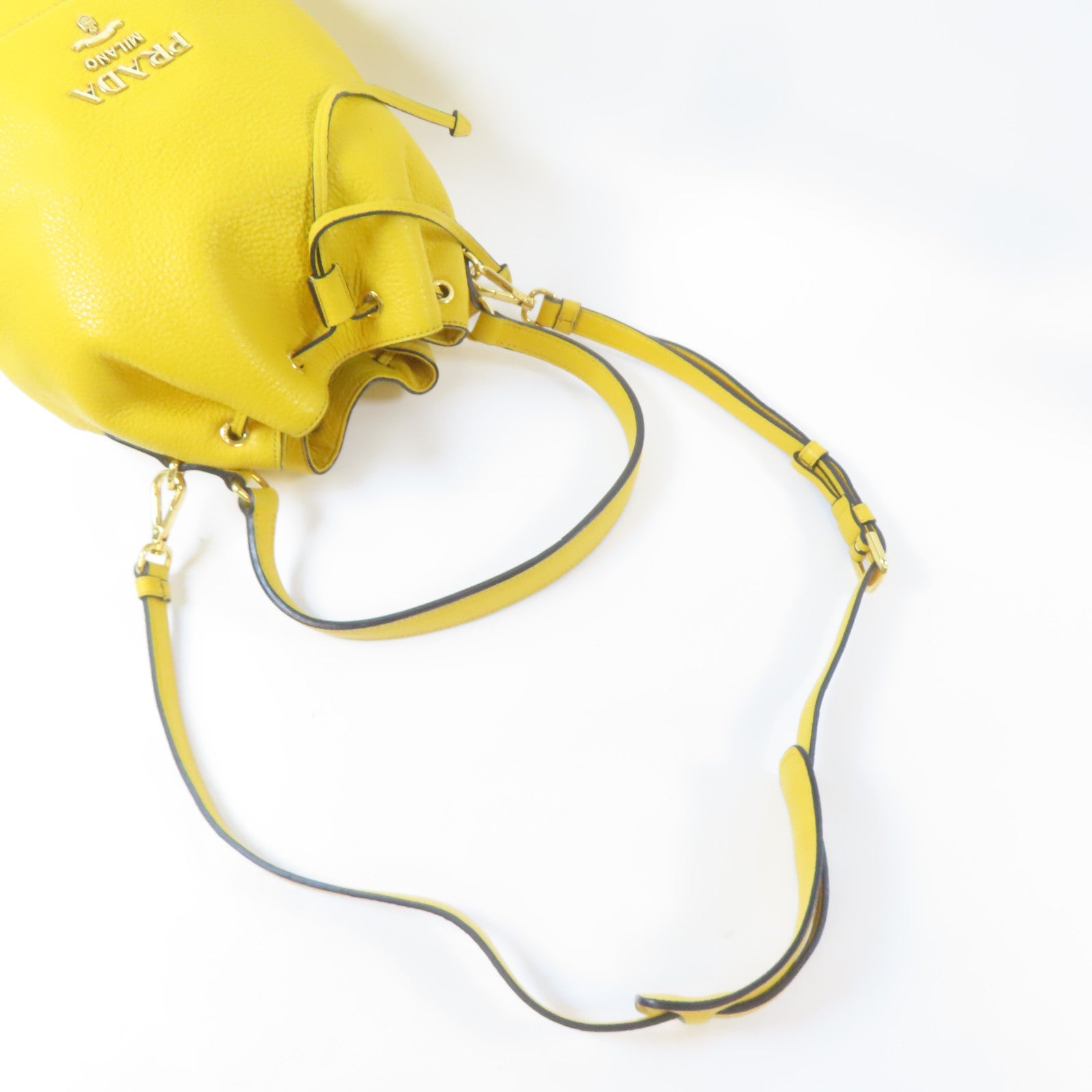 PRADA 牛皮皮革Drawstring Shoulder Bag金扣手挽肩背兩用袋黃色