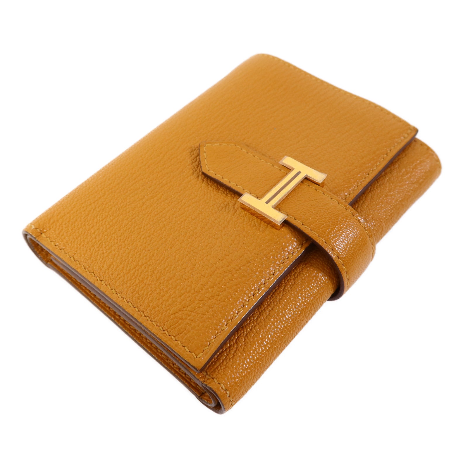 HERMES Chevre皮革Bearn Wallet金扣錢包Sesame