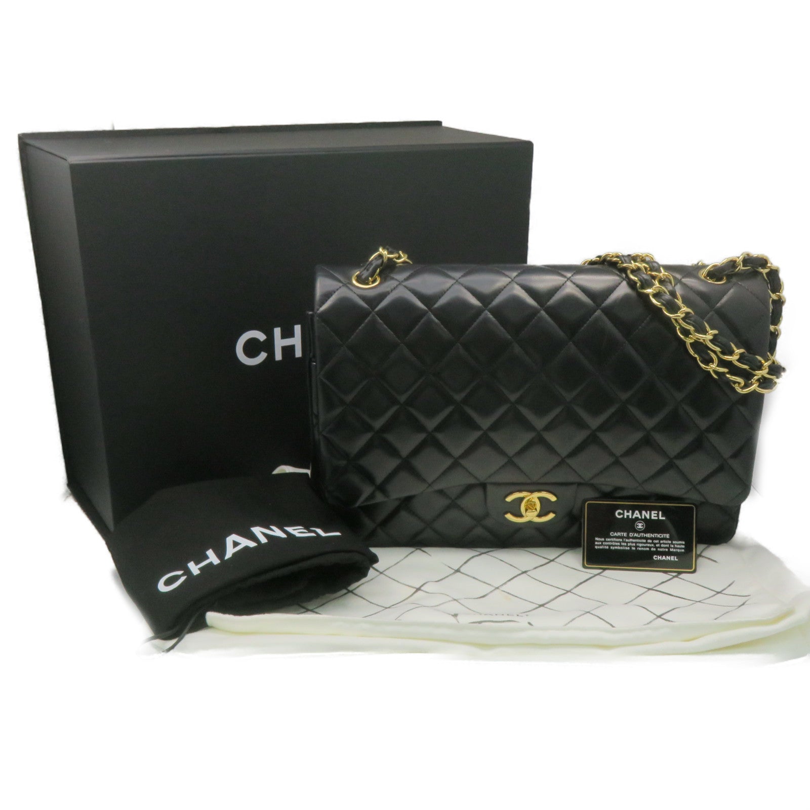 CHANEL rhombus sheepskin leather Maxi Jumbo Chain Shoulder Bag gold buckle chain shoulder bag black