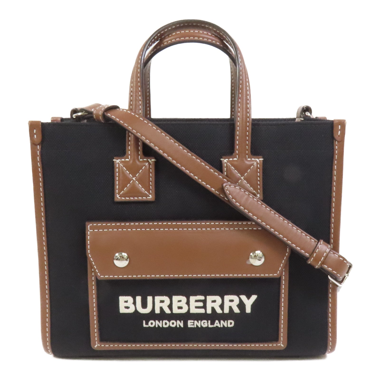 BURBERRY 帆布Mini Freya銀扣手挽肩背兩用袋