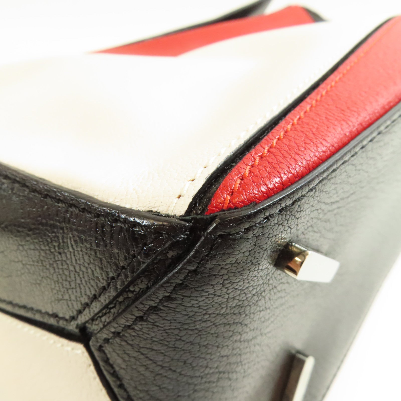 LOEWE SHW Puzzle Medium 2 Way Shoulder Hand Bag Calfskin Leather White Red