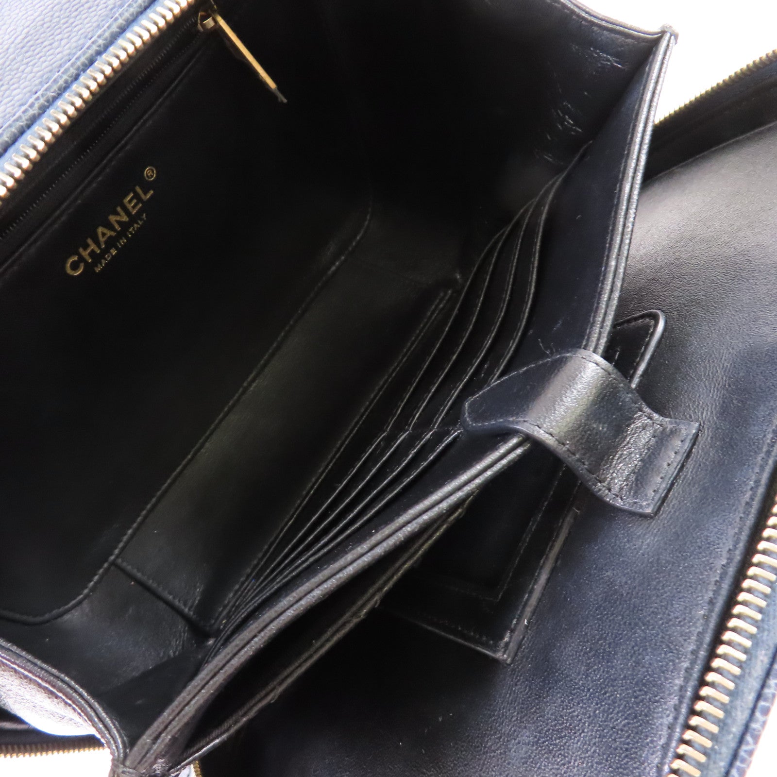 CHANEL 【激減優惠】菱格Caviar皮革Filigree Vanity Case 2Way Shoulder Bag金扣鏈帶手挽肩背兩用袋寶藍色/黑色