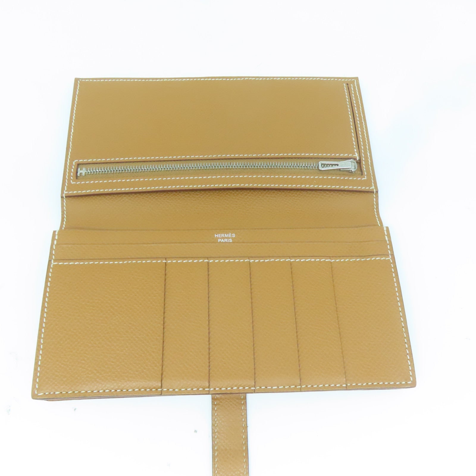 HERMES 【清倉大減價】Epsom皮革Bearn bi-fold銀扣長錢包Gold金色/經典駝色