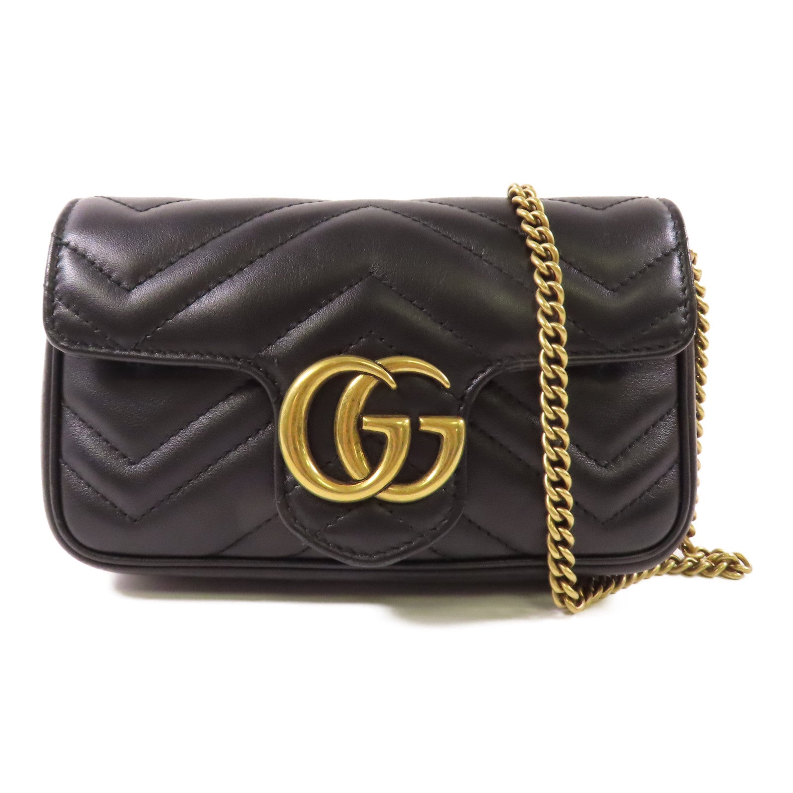 GUCCI Chevron皮革GG Marmont Super Mini Bag金扣鏈帶肩背袋