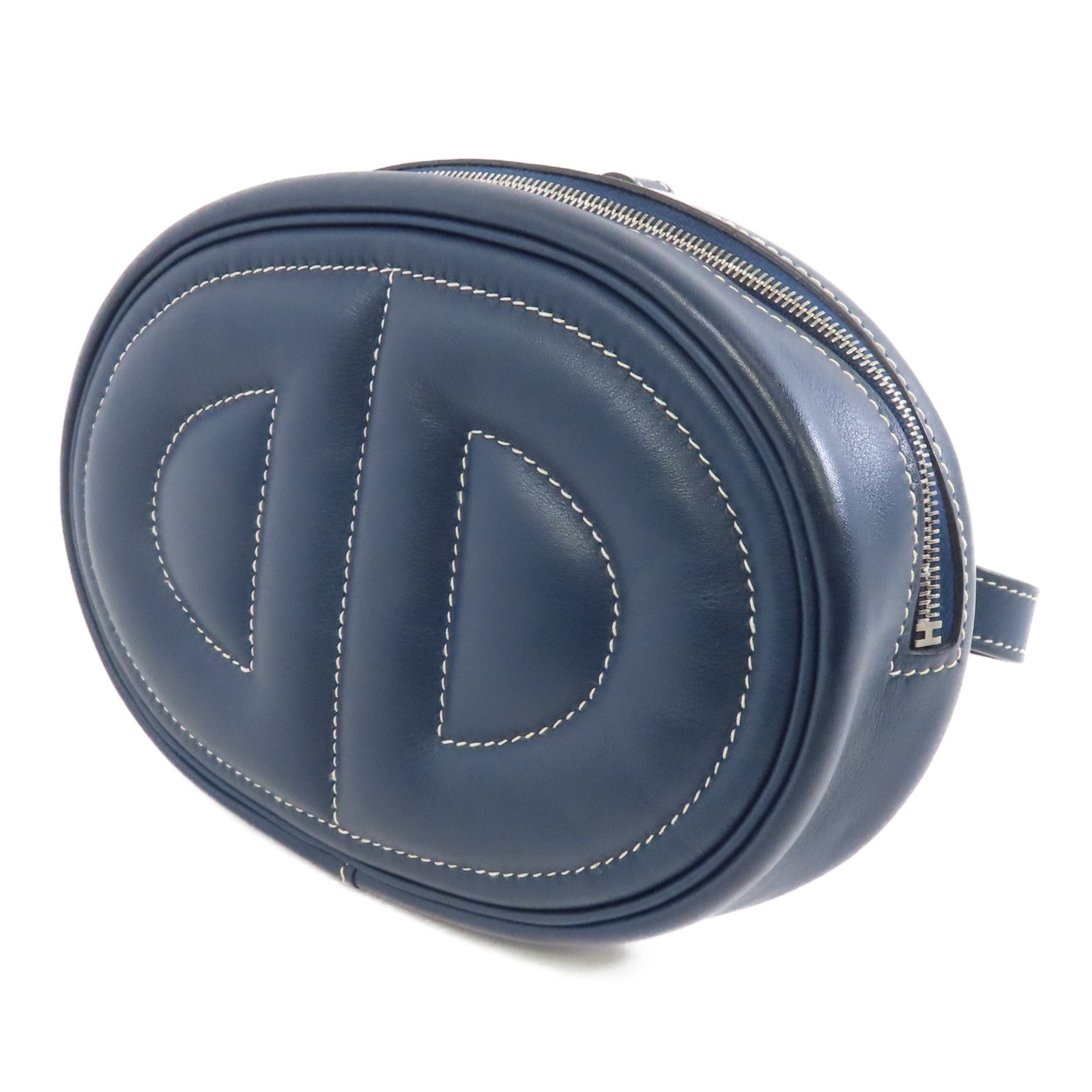 HERMES Swift皮革The Loop Belt銀扣肩背袋深藍色