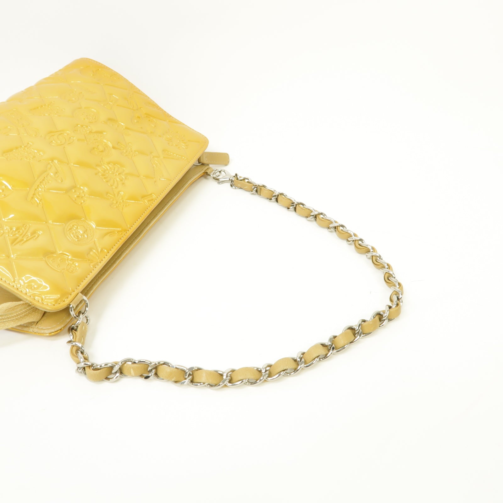 CHANEL 漆皮皮革Chain Shoulder Bag銀扣鏈帶肩背袋金色/米色
