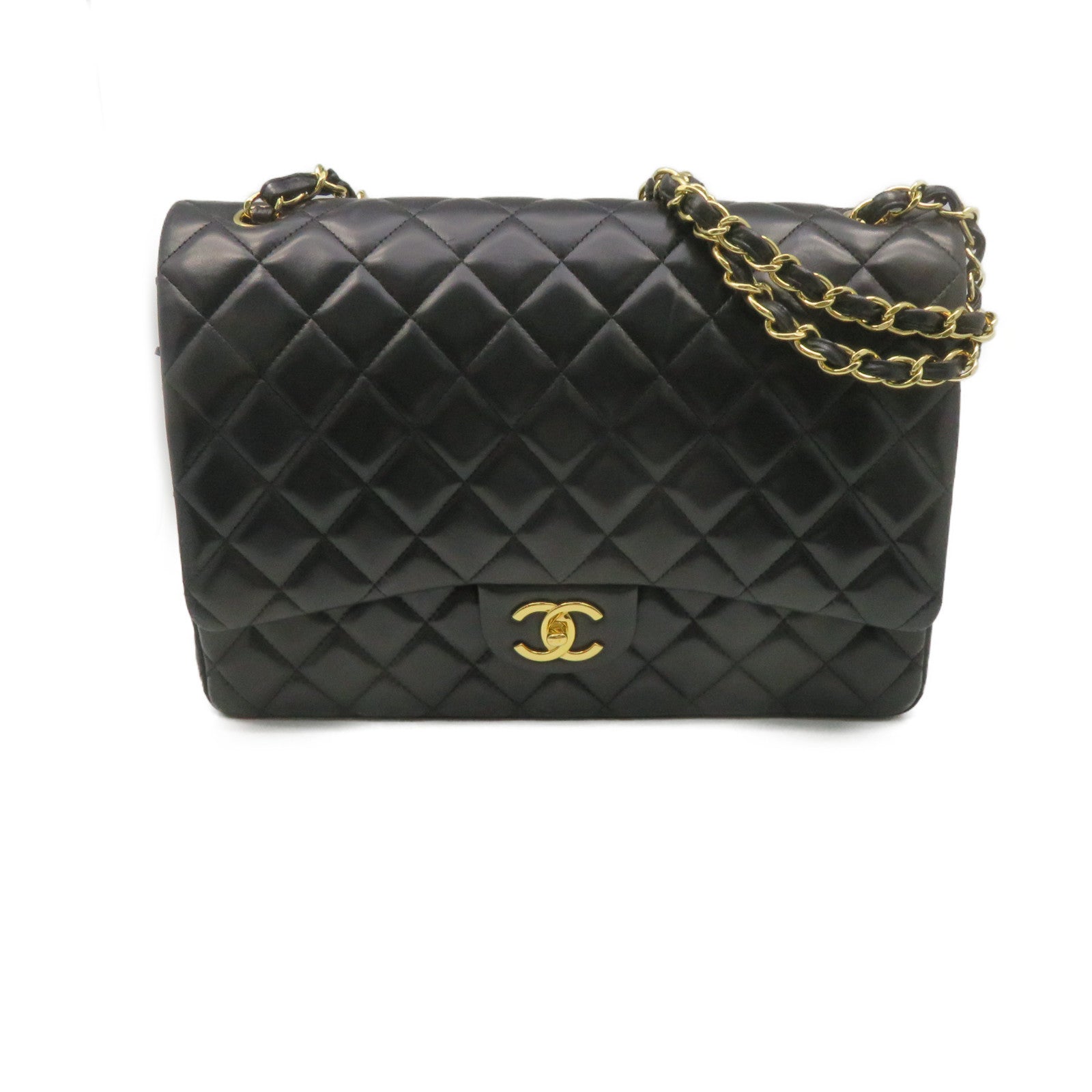 CHANEL rhombus sheepskin leather Maxi Jumbo Chain Shoulder Bag gold buckle chain shoulder bag black