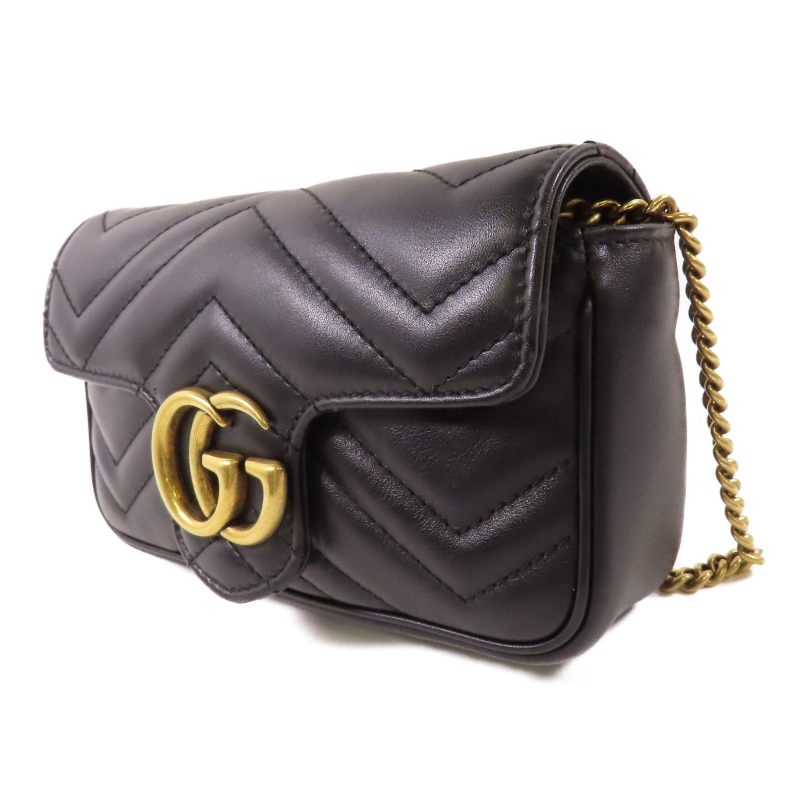 GUCCI Chevron皮革GG Marmont Super Mini Bag金扣鏈帶肩背袋