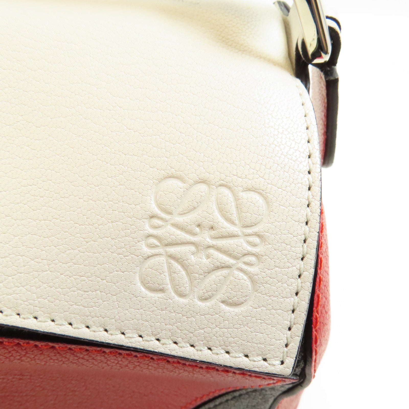 LOEWE SHW Puzzle Medium 2 Way Shoulder Hand Bag Calfskin Leather White Red
