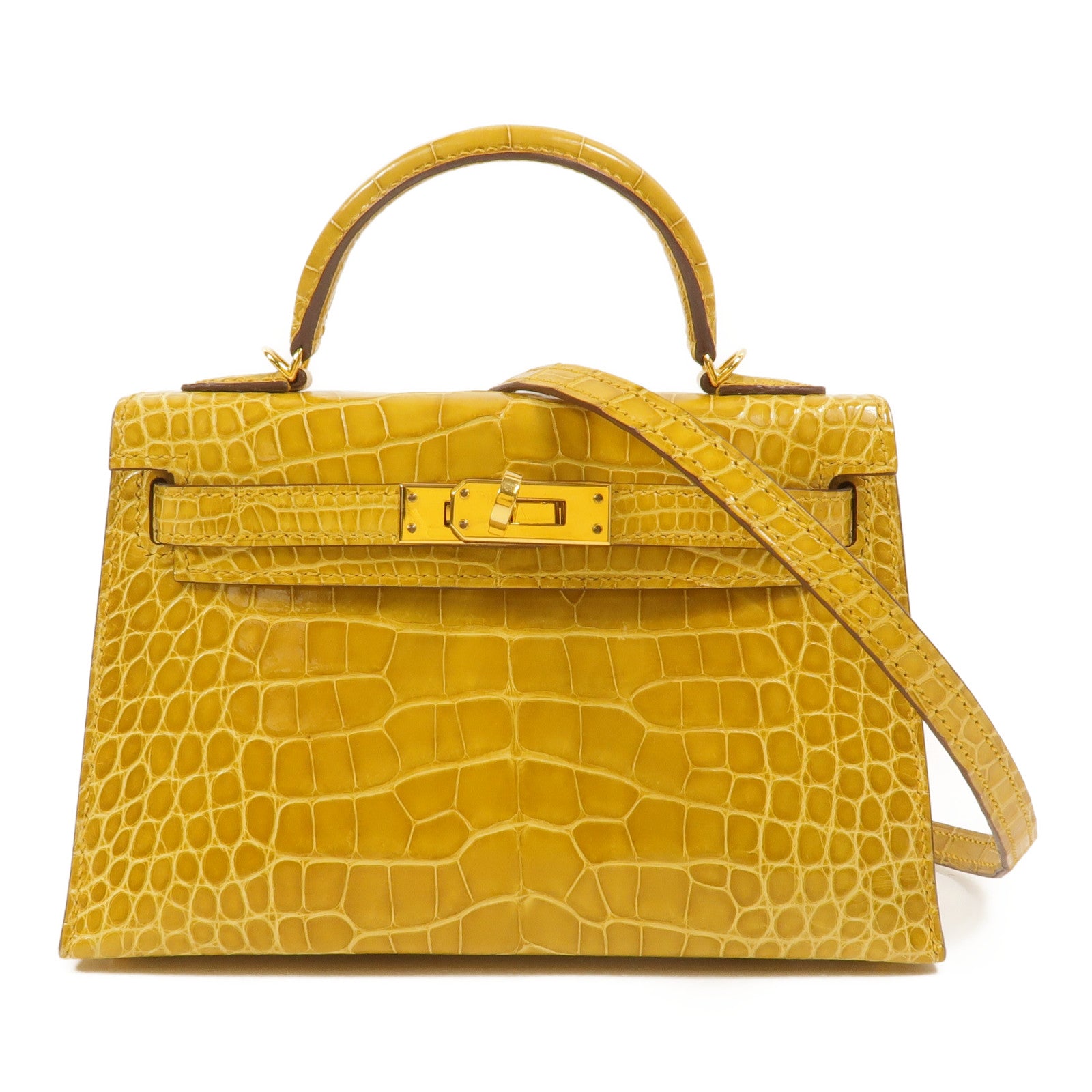 HERMES Alligator皮革Mini Kelly手挽肩背兩用袋Jaune Ambre