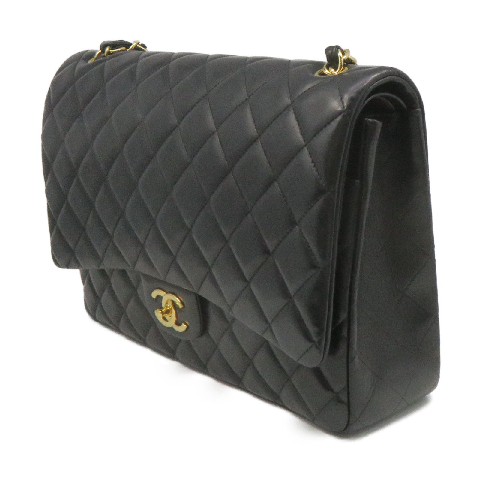 CHANEL rhombus sheepskin leather Maxi Jumbo Chain Shoulder Bag gold buckle chain shoulder bag black