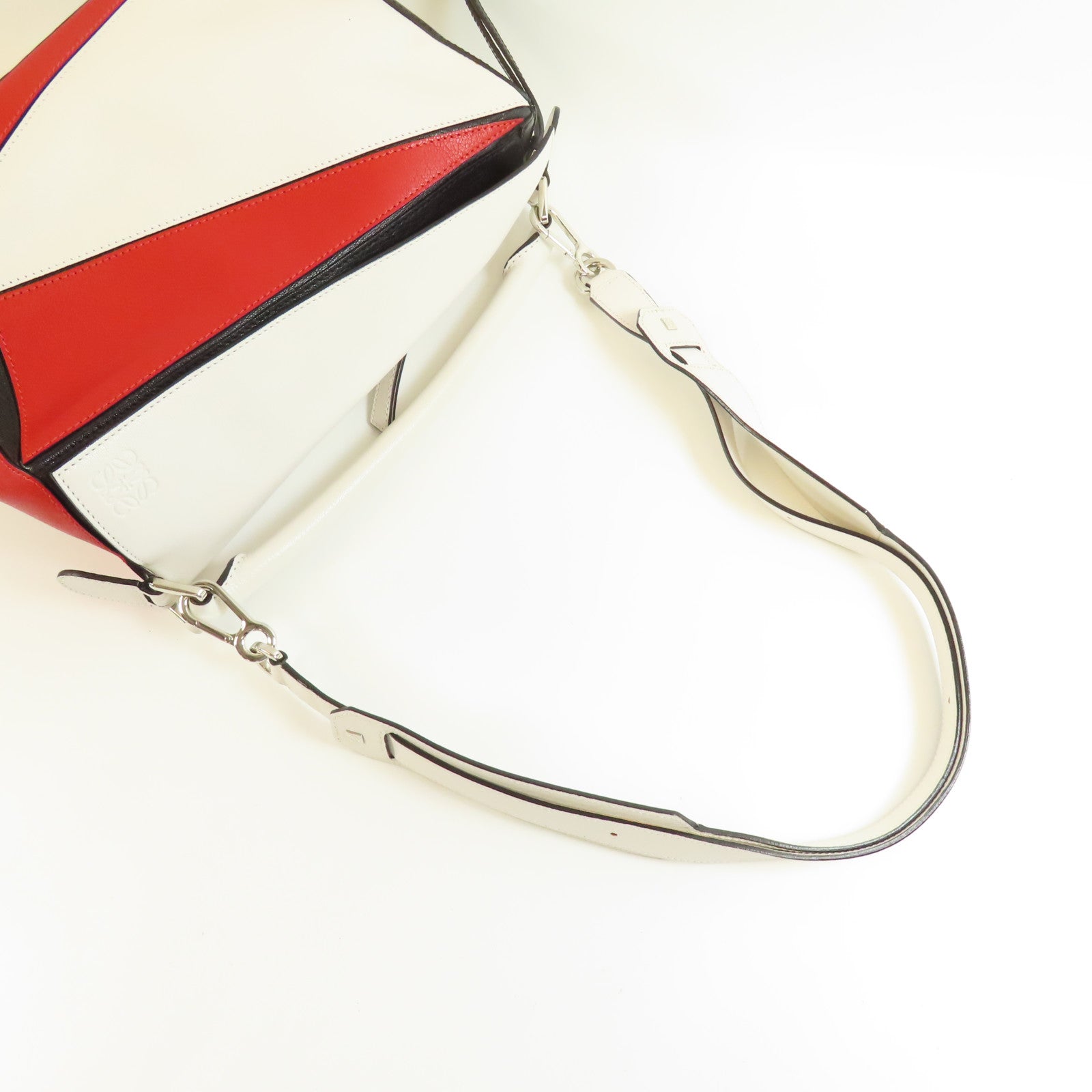 LOEWE SHW Puzzle Medium 2 Way Shoulder Hand Bag Calfskin Leather White Red
