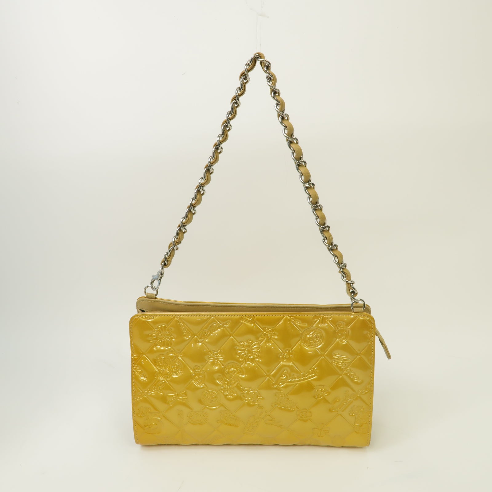 CHANEL 漆皮皮革Chain Shoulder Bag銀扣鏈帶肩背袋金色/米色