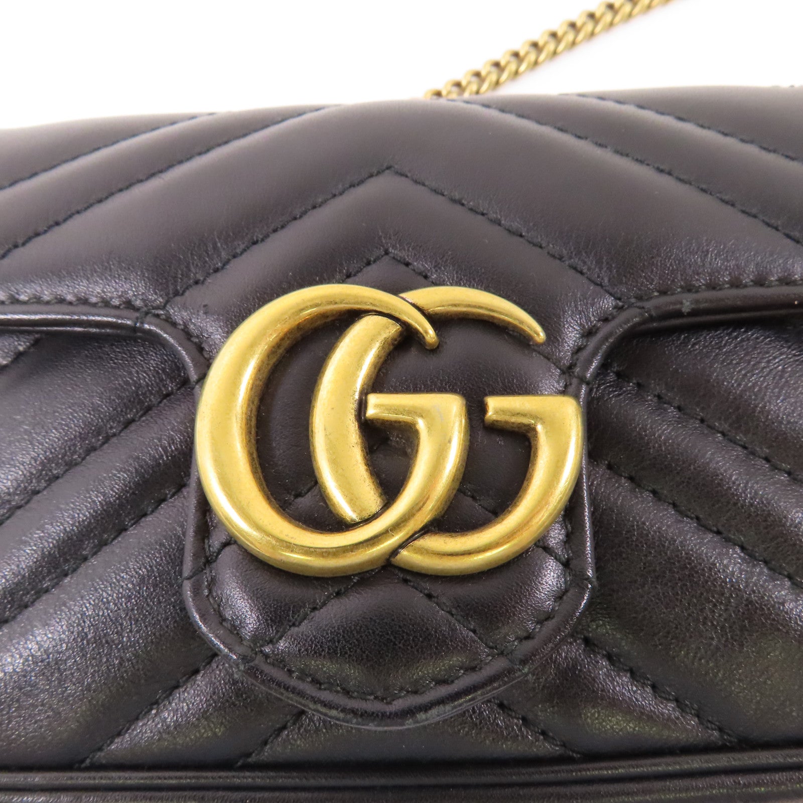 GUCCI Chevron皮革GG Marmont Super Mini Bag金扣鏈帶肩背袋